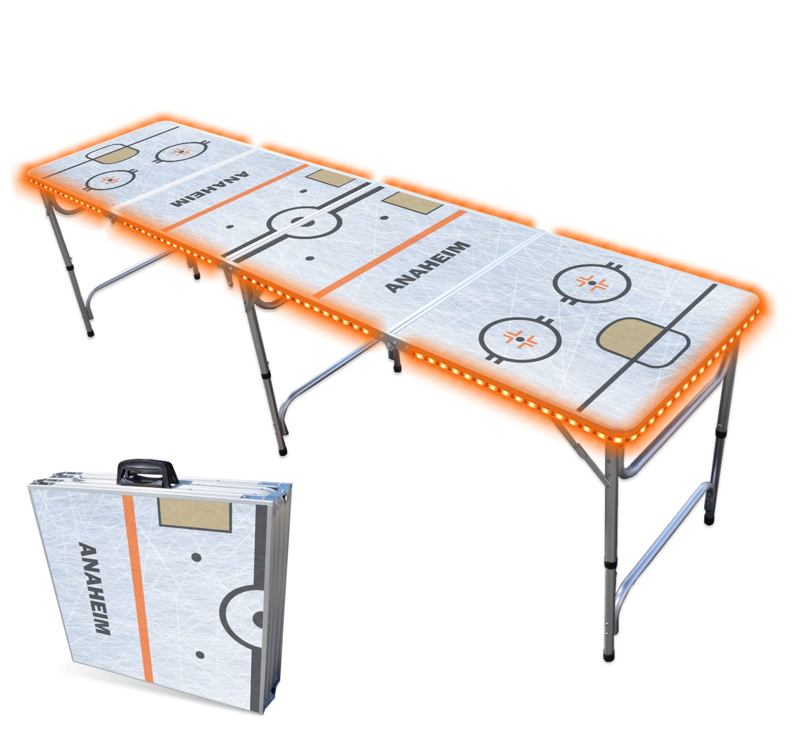 8-Foot Folding Portable Beer Pong Table with LED Lights & Optional Cup Holes - Anaheim Hockey Rink Design for Outdoor Parties, Tailgates & College Events - Choose Your Model