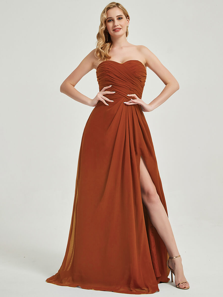 Elegant Burnt Orange Strapless Floor-Length Empire Waist Bridesmaid Dress with High Slit - Perfect for Weddings, Formal Events & Evening Parties