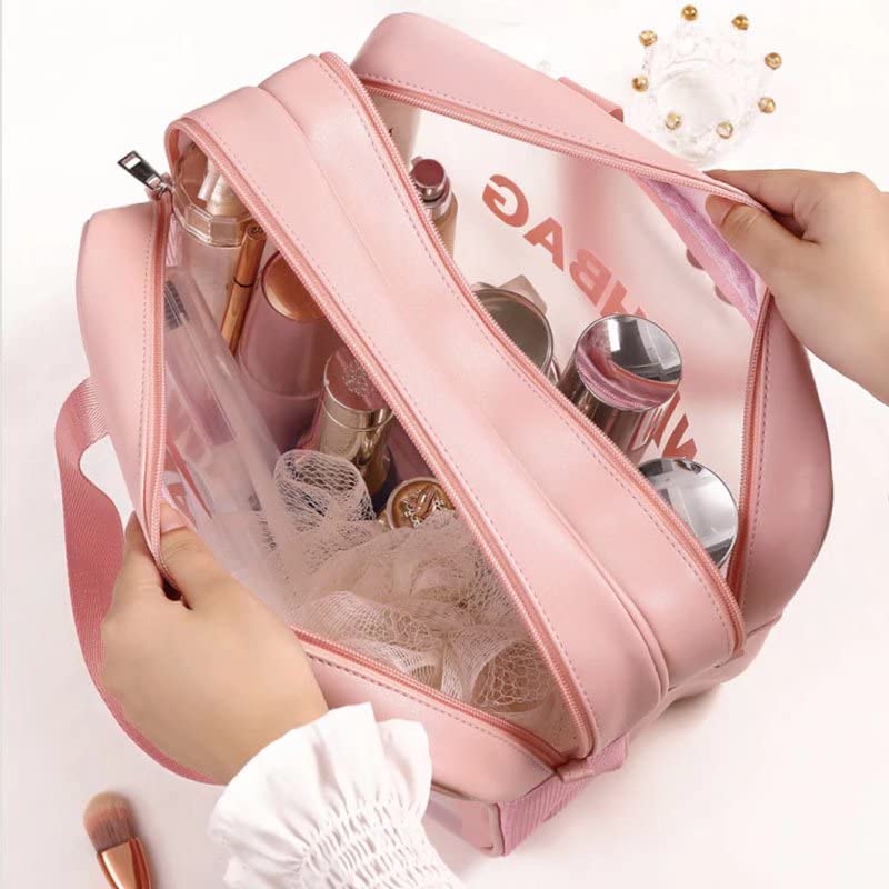 Clear Transparent Travel Toiletry Bag - Double Layer Waterproof & Draining Cosmetic Makeup Organizer for Women & Girls - Perfect for Airplane Carry-On, Gym, Beach & Vacation Essentials