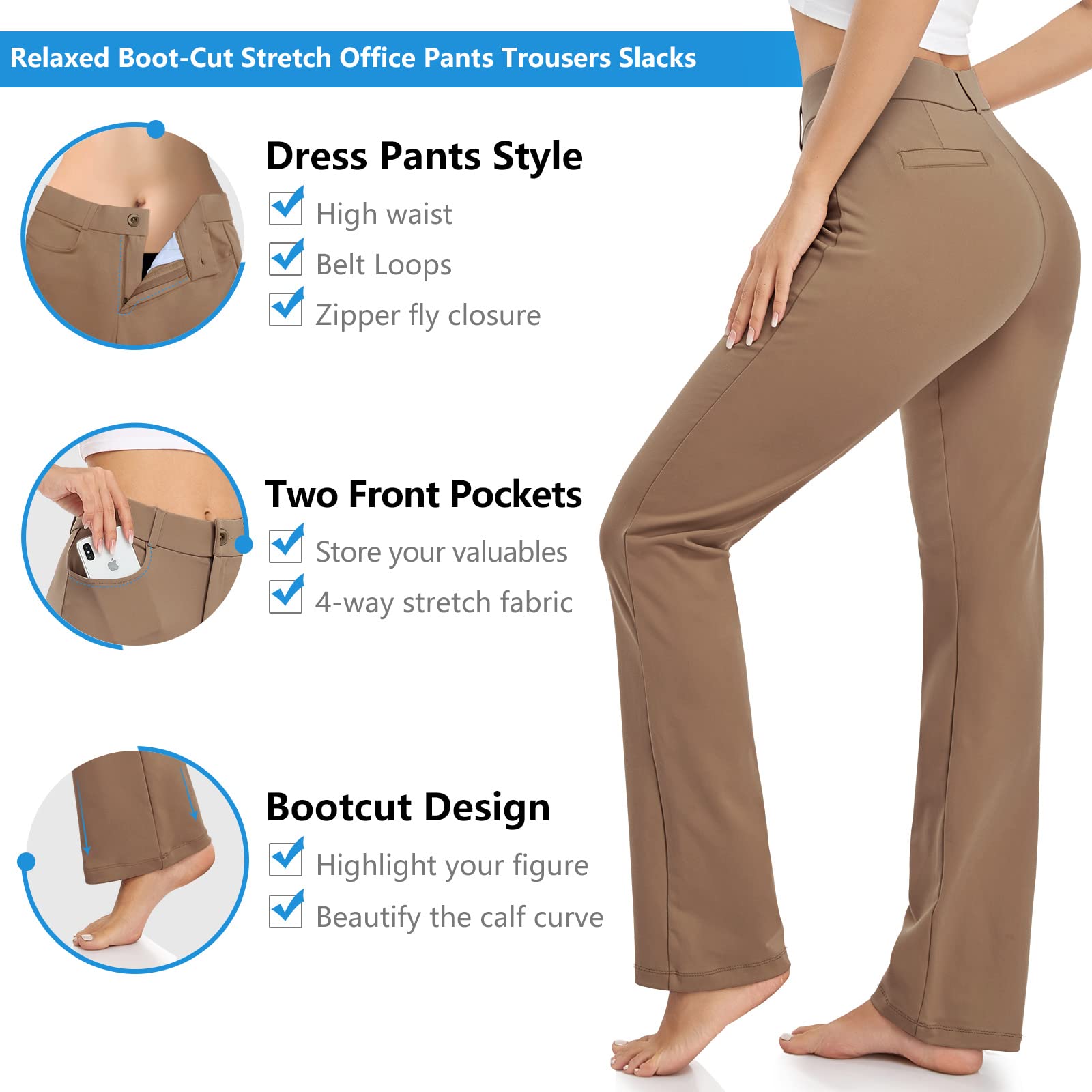 HISKYWIN Women's Stretchy Yoga Dress Pants - Straight Leg & Bootcut Office Work Slacks with Pockets for Business Casual, Petite Sizes - Perfect for Yoga, Work, Travel & Everyday Wear