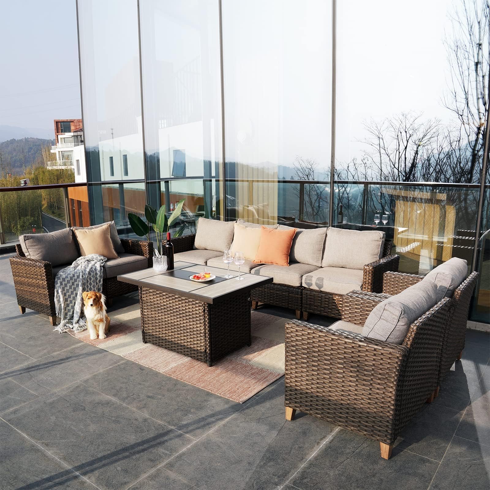 6-Piece Grand Patio Sofa Set with Fire Pit Table - PE Wicker Outdoor Sectional Sofa with Thick Cushions for Garden, Yard, Porch - Perfect for Backyard Gatherings & Fireplace Conversations