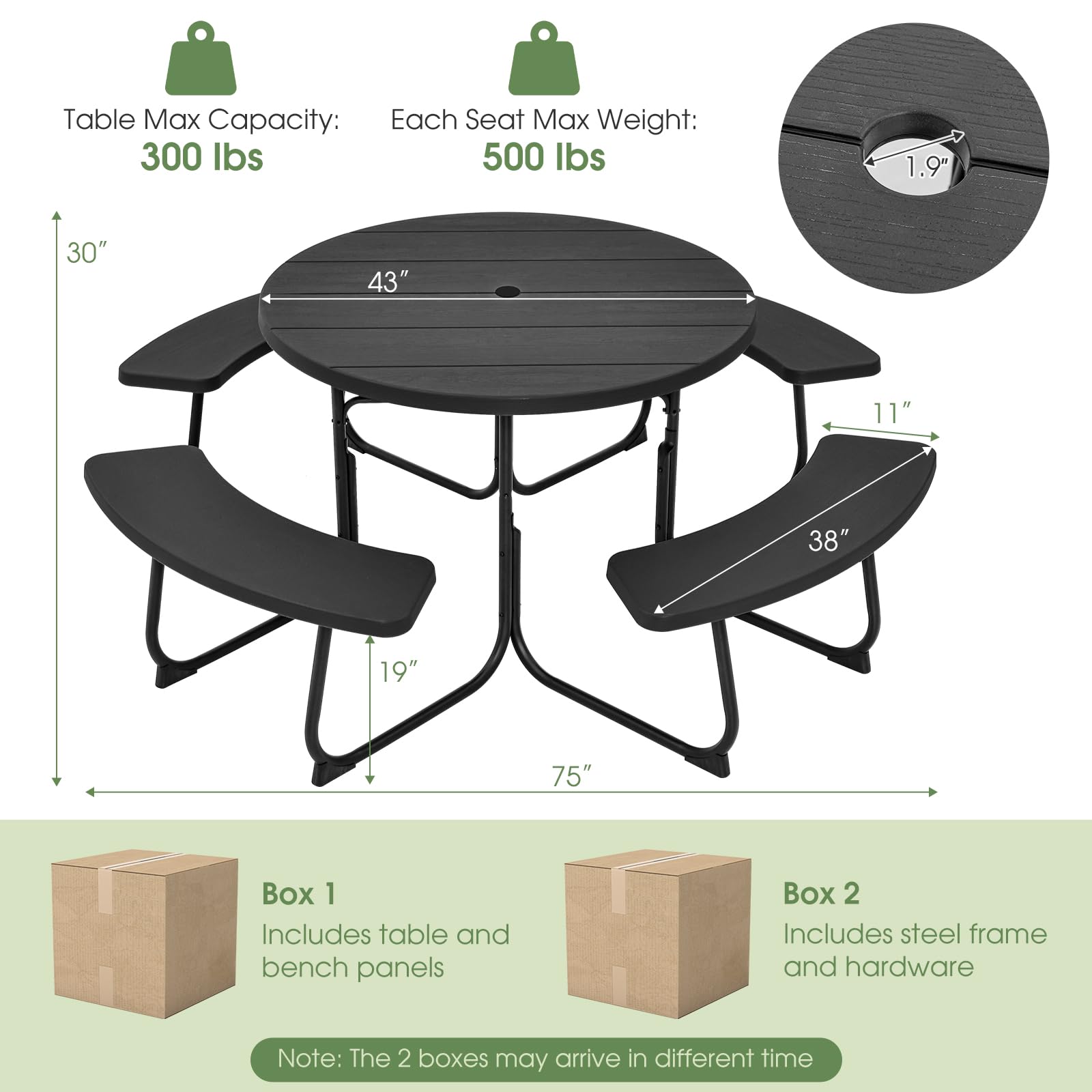Giantex 8-Person Round Outdoor Picnic Table Set with Umbrella Hole - HDPE Top & Sturdy Metal Frame, 2000LBS Capacity - Perfect for Backyard, Deck, Garden, and Patio Gatherings (Black)