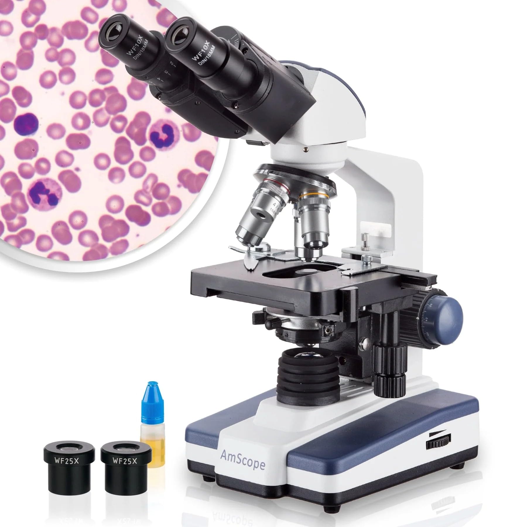 AmScope B120C-WM-PS100 Binocular Compound Microscope with 40X-2500X Magnification - LED Illumination, Abbe Condenser & Mechanical Stage - Includes 100 Prepared Slides & Book - Perfect for Students, Lab Research & Biological Studies