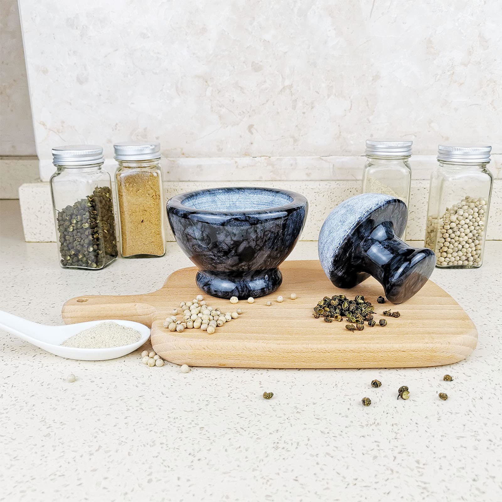 Premium Marble Mortar and Pestle Set - 3.7 Inch Spice Grinder & Pill Crusher (1/2 Cup Capacity) - Efficient Stone Herb Grinder for Kitchen, Pharmacy & Ayurveda - Perfect for Grinding Spices, Herbs, Pills & Making Pastes (Black)