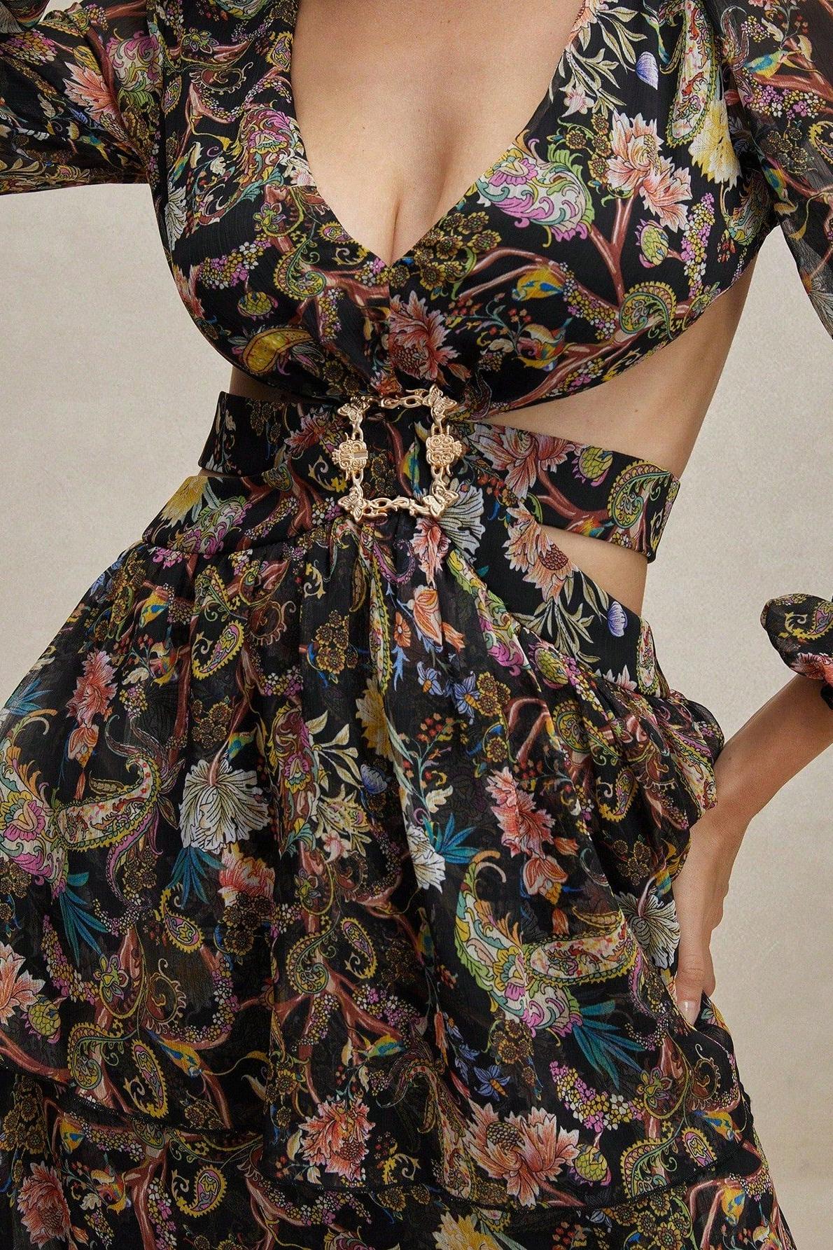 Elegant Chiffon Paisley Print Long Sleeve Midi Dress for Women - Boho Flowy Party & Wedding Guest Outfit