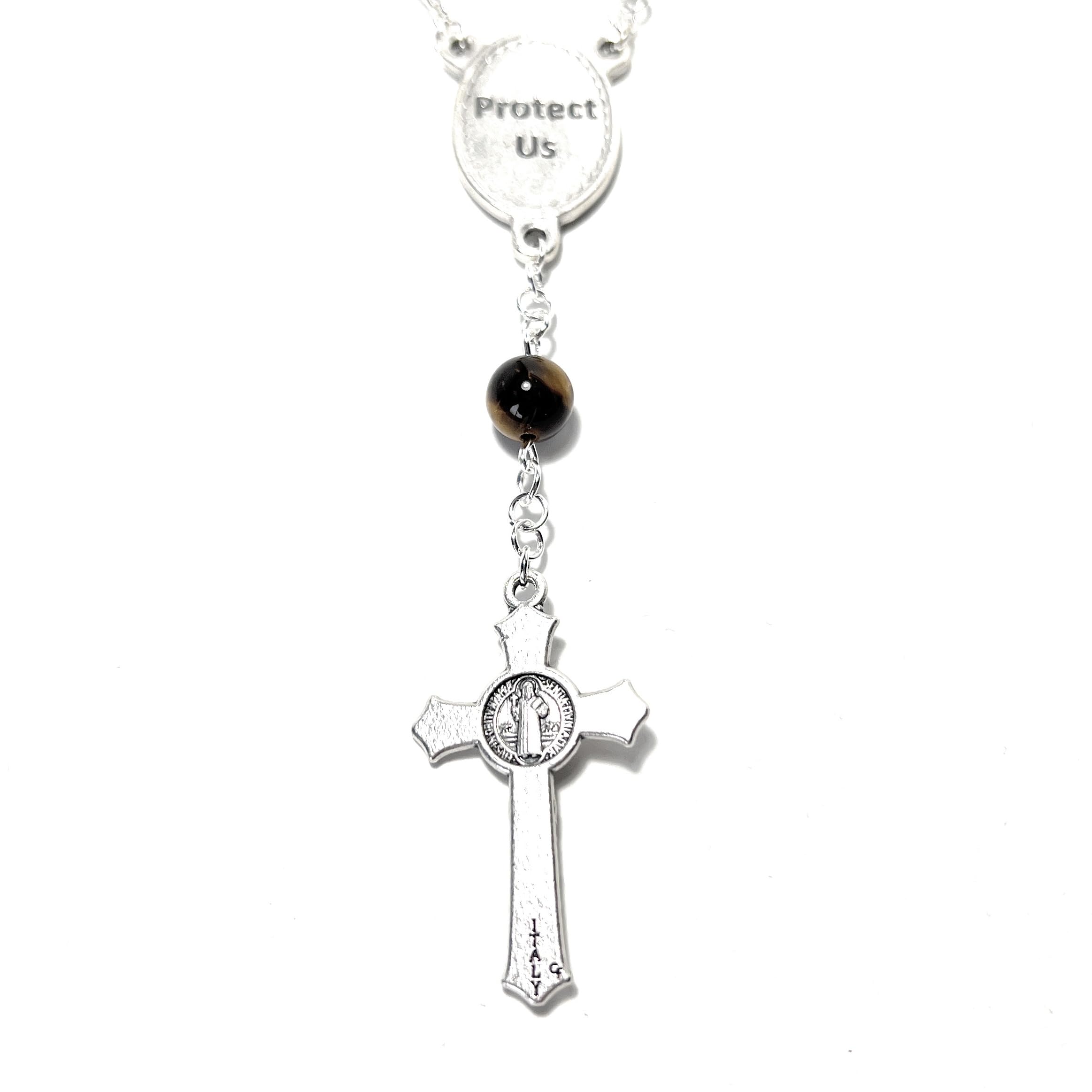 St. Michael the Archangel 1-Decade Car Rosary with Yellow/Brown Tiger Eye Beads - Rearview Mirror Prayer Beads for Safe Driving & Spiritual Protection