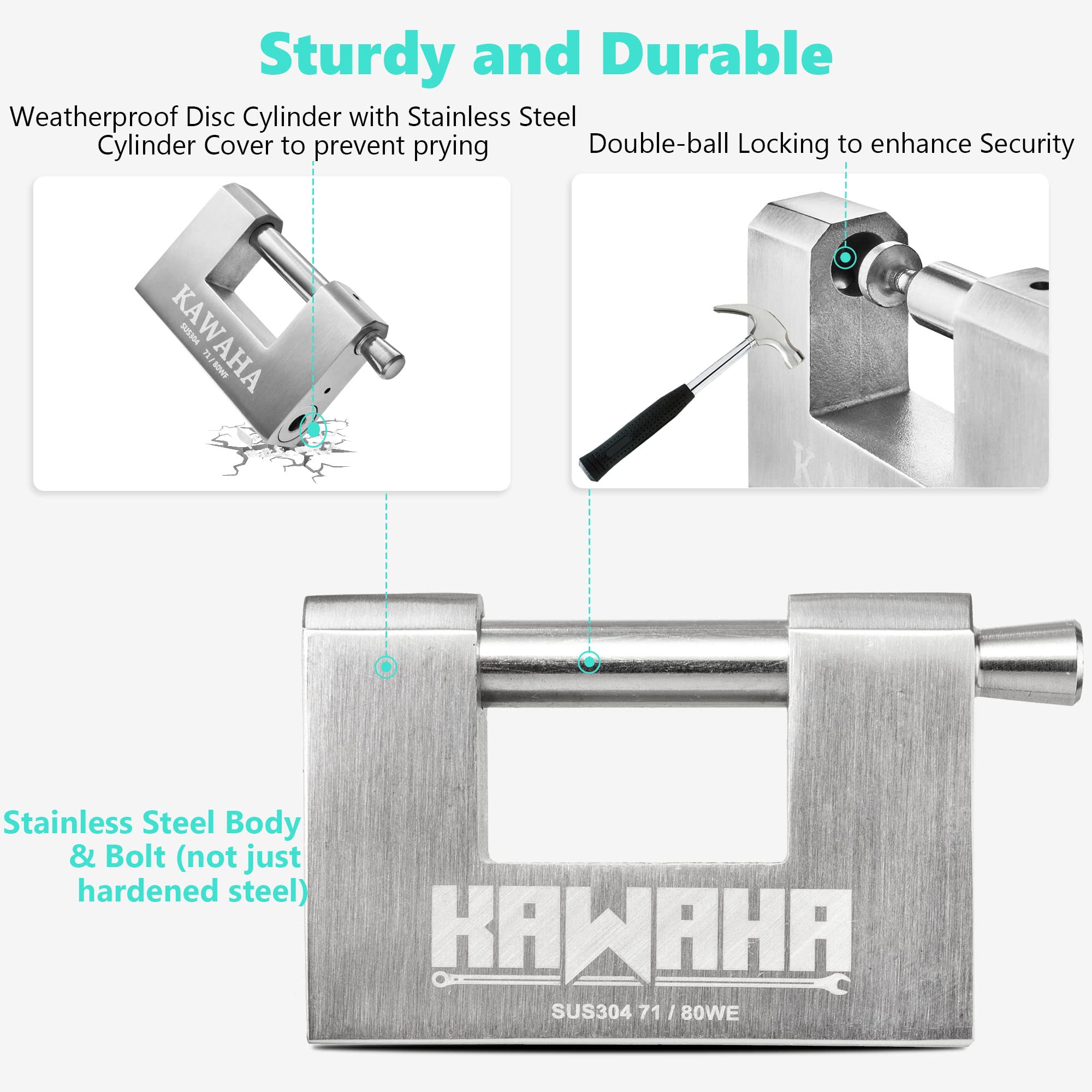 KAWAHA 71/80-4PS Heavy Duty Stainless Steel D-Shaped Padlock with 2 Keys - Secure Garage Doors, Storage Containers, Sheds, Lockers & Warehouses (3-1/8 Inch, 4-Pack Keyed Alike) - Ideal for Outdoor Use, Industrial Security & Weatherproof Protection