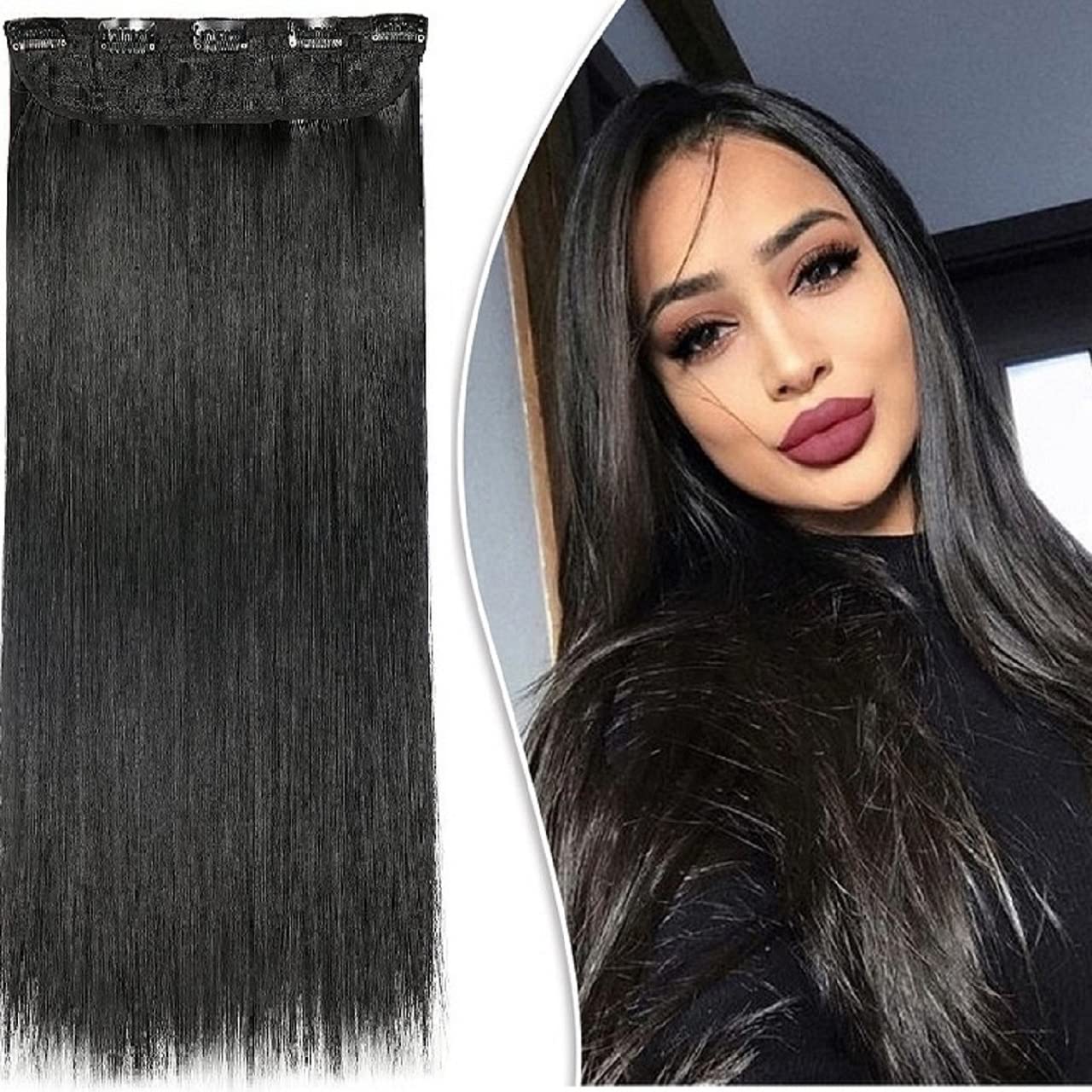 MoonEyes 24 Inch Natural Black Straight Hair Extensions - High Temperature Synthetic Fiber Clip-in Hairpiece (5 Clips) for Women & Girls | Perfect for Daily Styling, Parties & Special Occasions