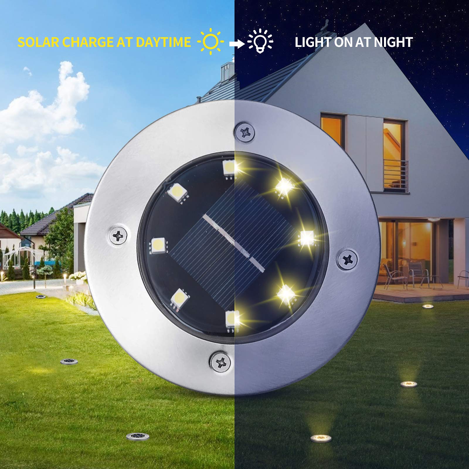 16 Pack Solar Ground Lights - 8 LED Waterproof Garden Lights for Lawn, Pathway, Yard, Driveway (Warm White) | Outdoor Landscape Lighting