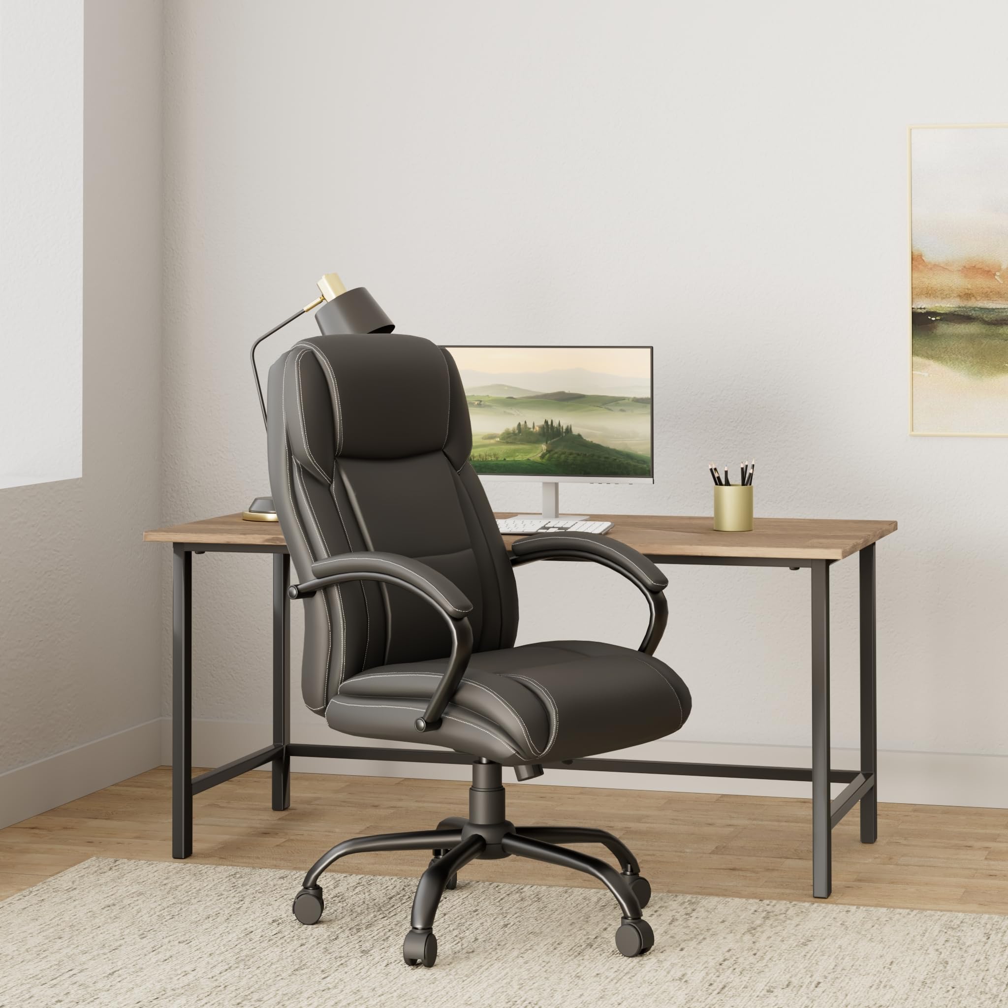 Big and Tall Office Chair for Heavy People 400lbs - Wide Seat Ergonomic Computer Chair with Lumbar Support & Adjustable Arms - High Back PU Leather Executive Task Chair for Home & Office Workspace - Black