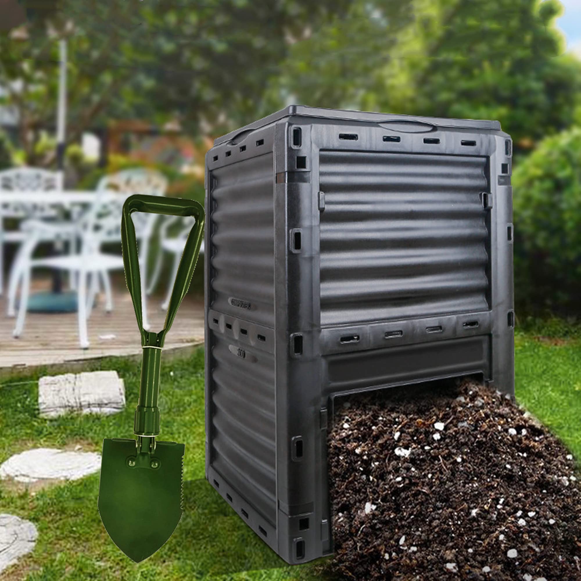 HBIAO 80 Gallon Large Capacity Outdoor Compost Bin with Folding Shovel - Aerating Yard Waste Container for Organic Gardening & Eco-Friendly Composting | Perfect for Backyards, Vegetable Gardens & Sustainable Living