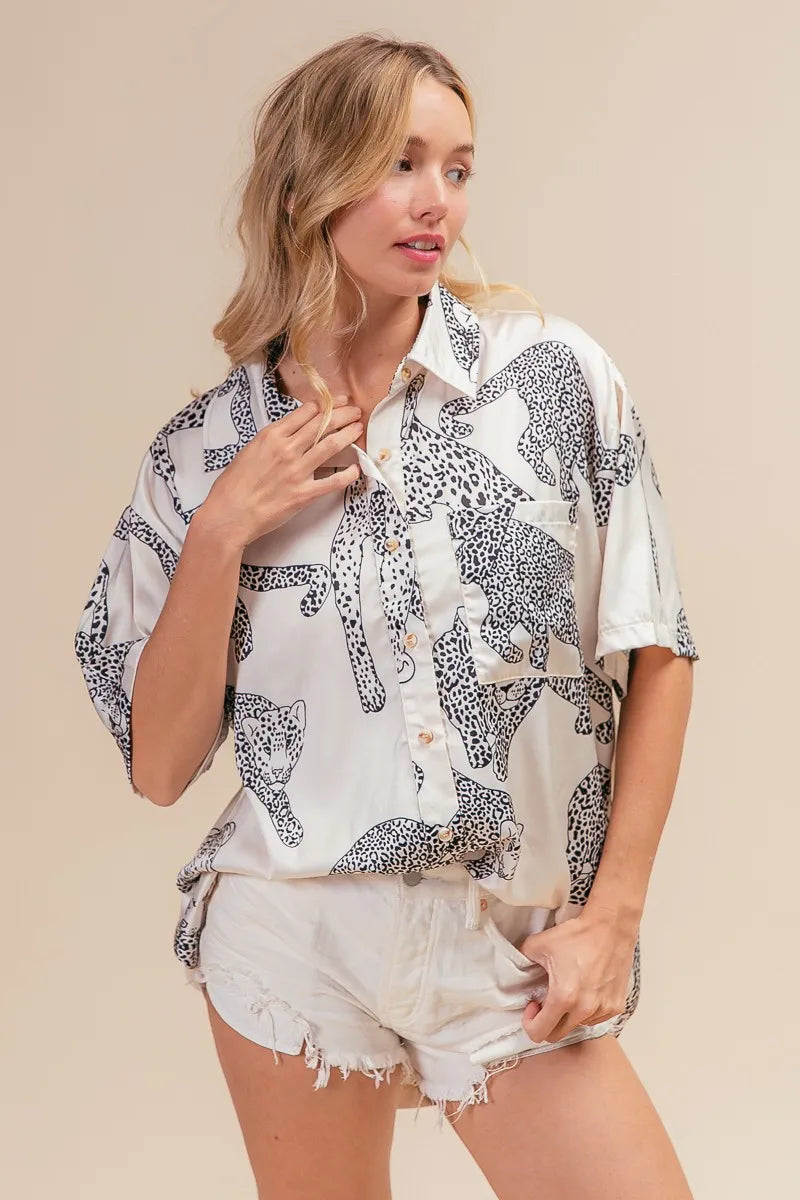 BiBi Leopard Print Short Sleeve Silky Satin Shirt Top for Women - Stylish Blouse for Casual Wear, Office Outfits & Night Out