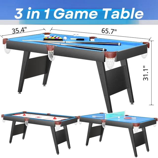 3-in-1 Multi-Game Table - 65.75 Inch Convertible Pool Table, Ping Pong Table & Air Hockey Combo for Indoor/Outdoor Use | Perfect for Family Game Rooms, Basements & Backyard Entertainment