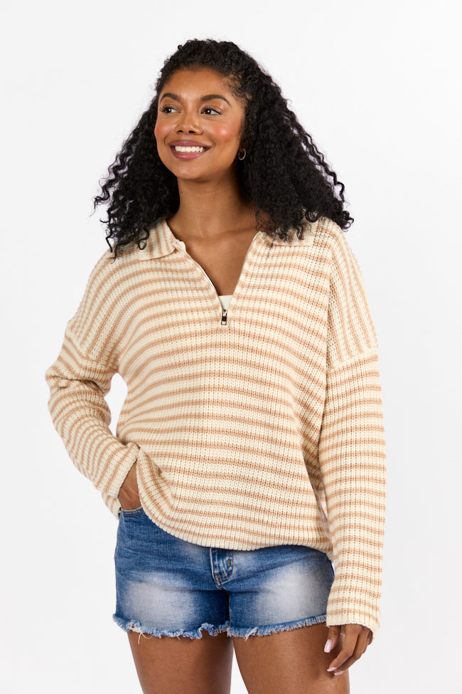 Bayside Breeze Ivory and Tan Striped Quarter Zip Pullover Sweater for Men | Casual Knit Cardigan for Fall & Winter | Perfect for Outdoor Activities, Office Wear & Weekend Relaxation