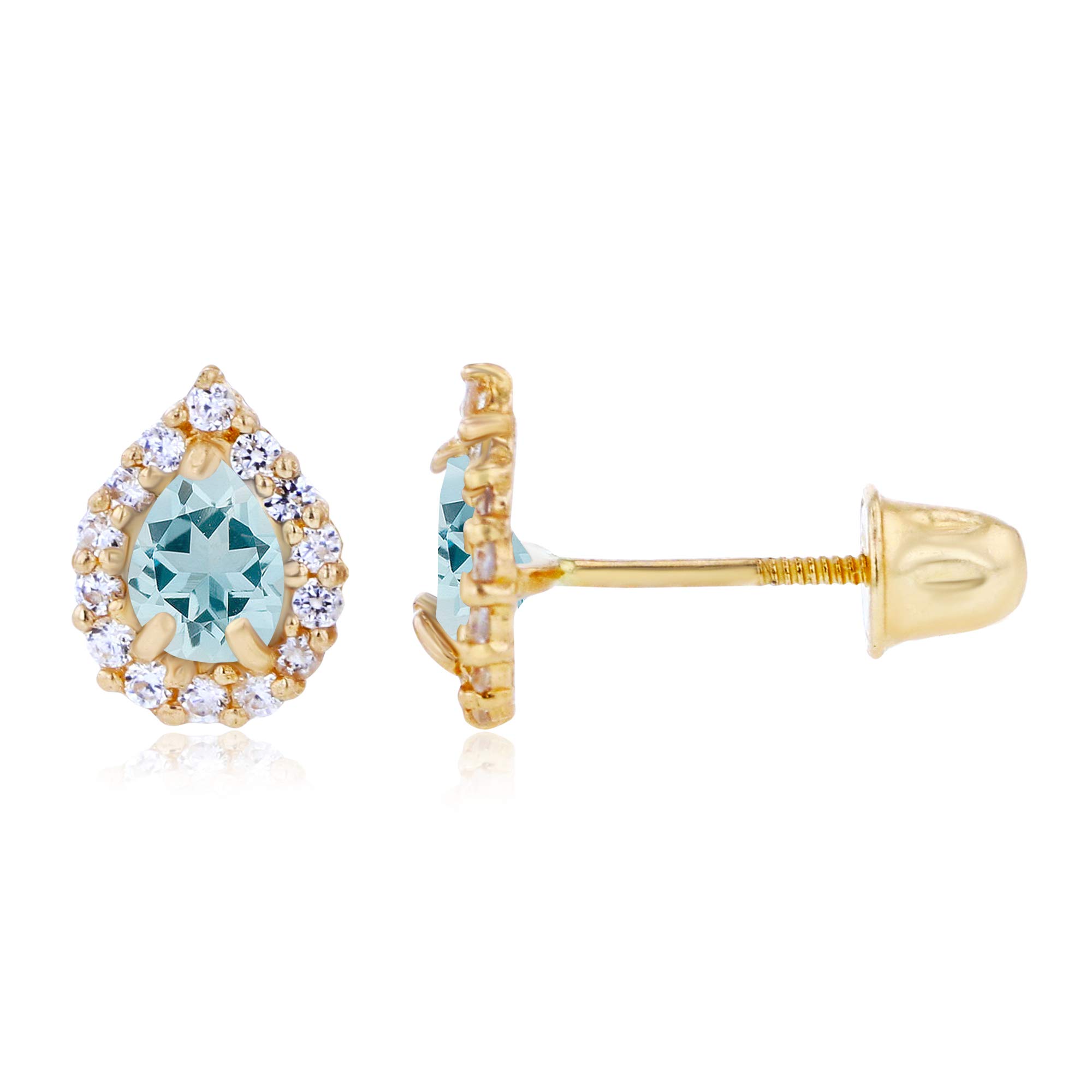 14K Solid Gold Pear Shaped Stud Earrings for Women - 7x5mm Natural Birthstone & 4x3mm Pear Cut with 1mm Created White Sapphire Halo Screwback Earrings | Perfect for Weddings, Anniversaries, Birthdays and Everyday Elegant Wear