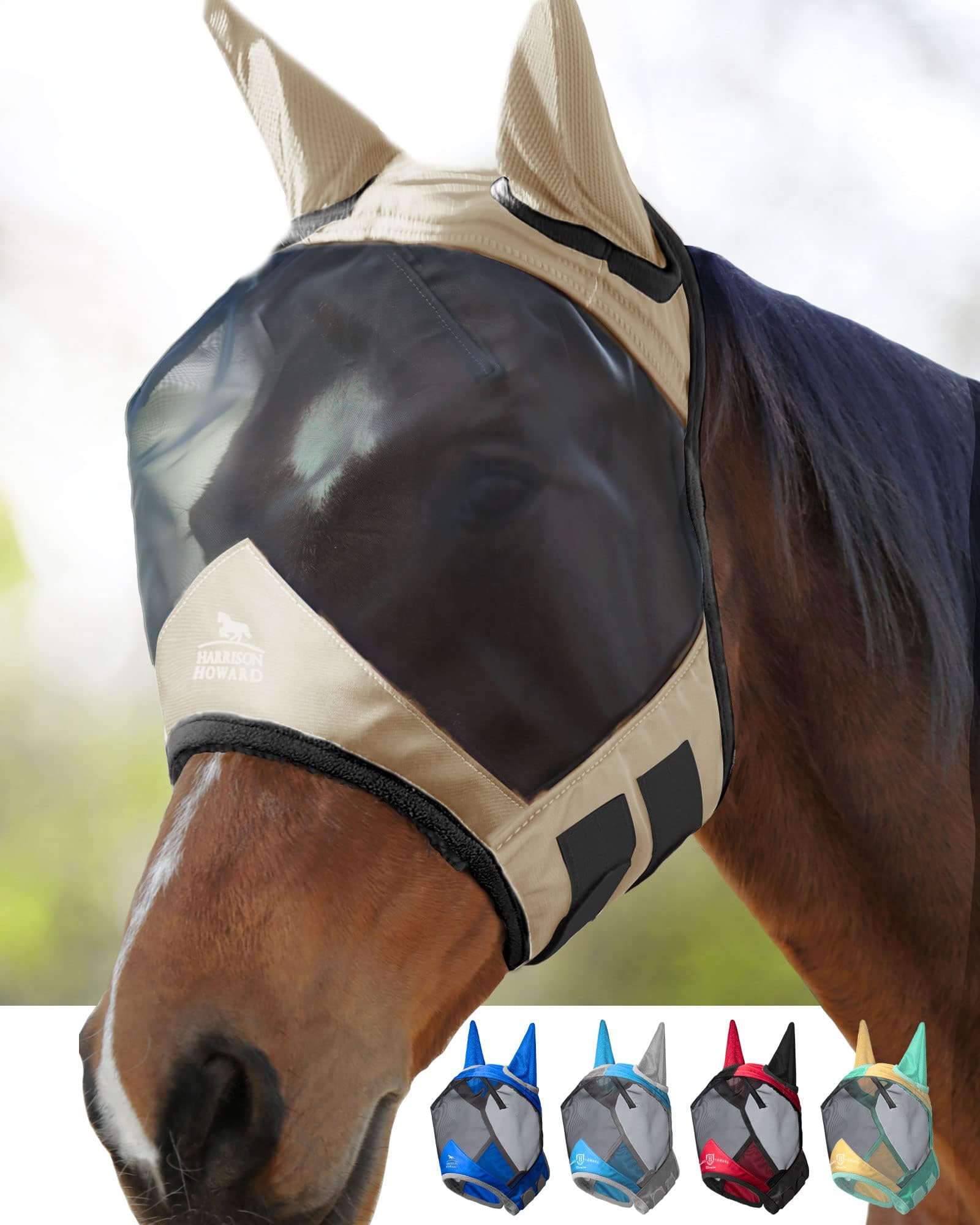 Harrison Howard Pro Luminous Horse Fly Mask with UV Protection - Large Eye Space, Standard with Ears - Light Champagne XL Extra Full Size - Perfect for Summer Riding, Pasture Protection & Outdoor Horse Activities