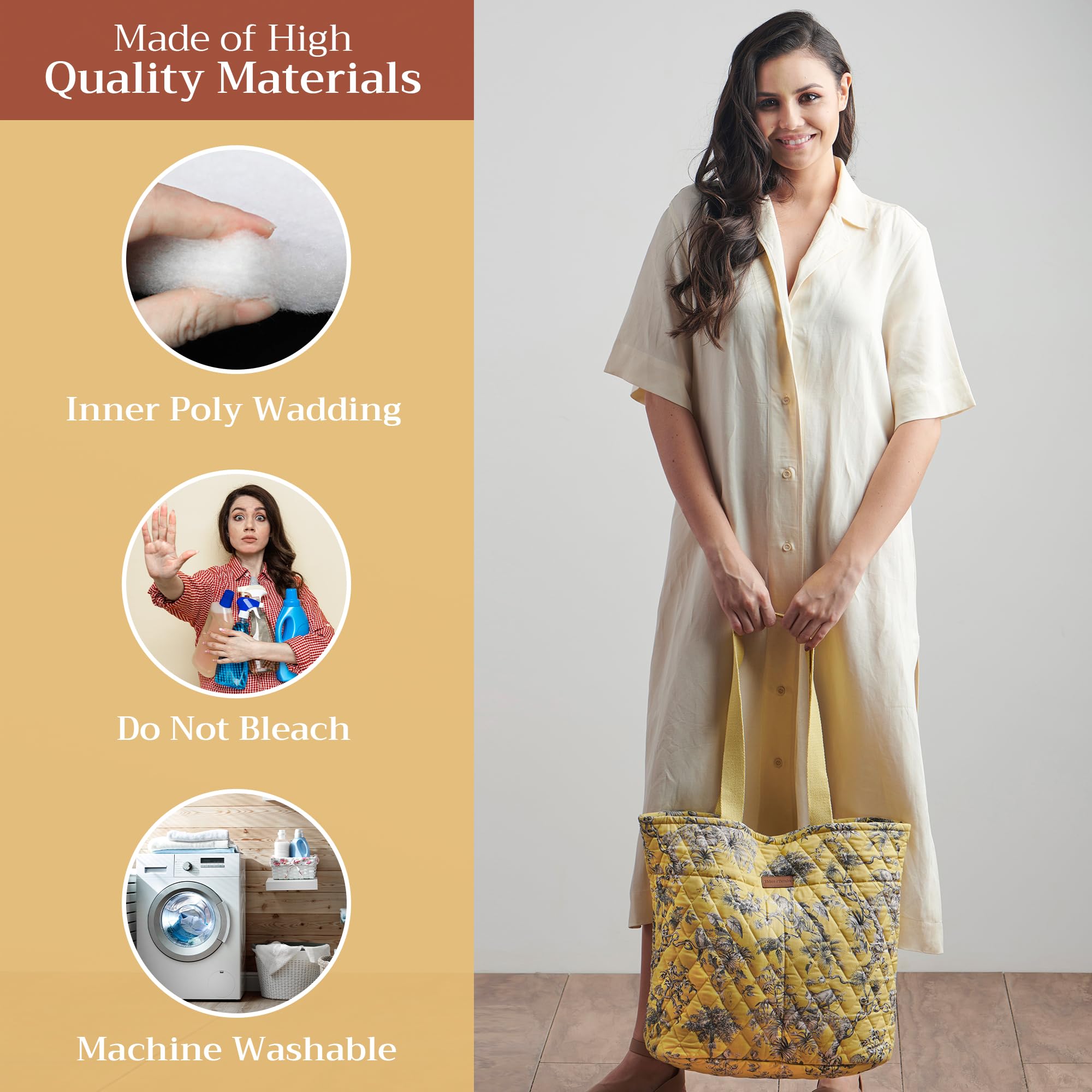 Hermine Quilted Cotton Tote Bag with Zipper Pockets & Detachable Pouch - Stylish Shopping Bag for Work, Travel, Groceries & Lunch - Perfect for Office, Commute & Daily Errands