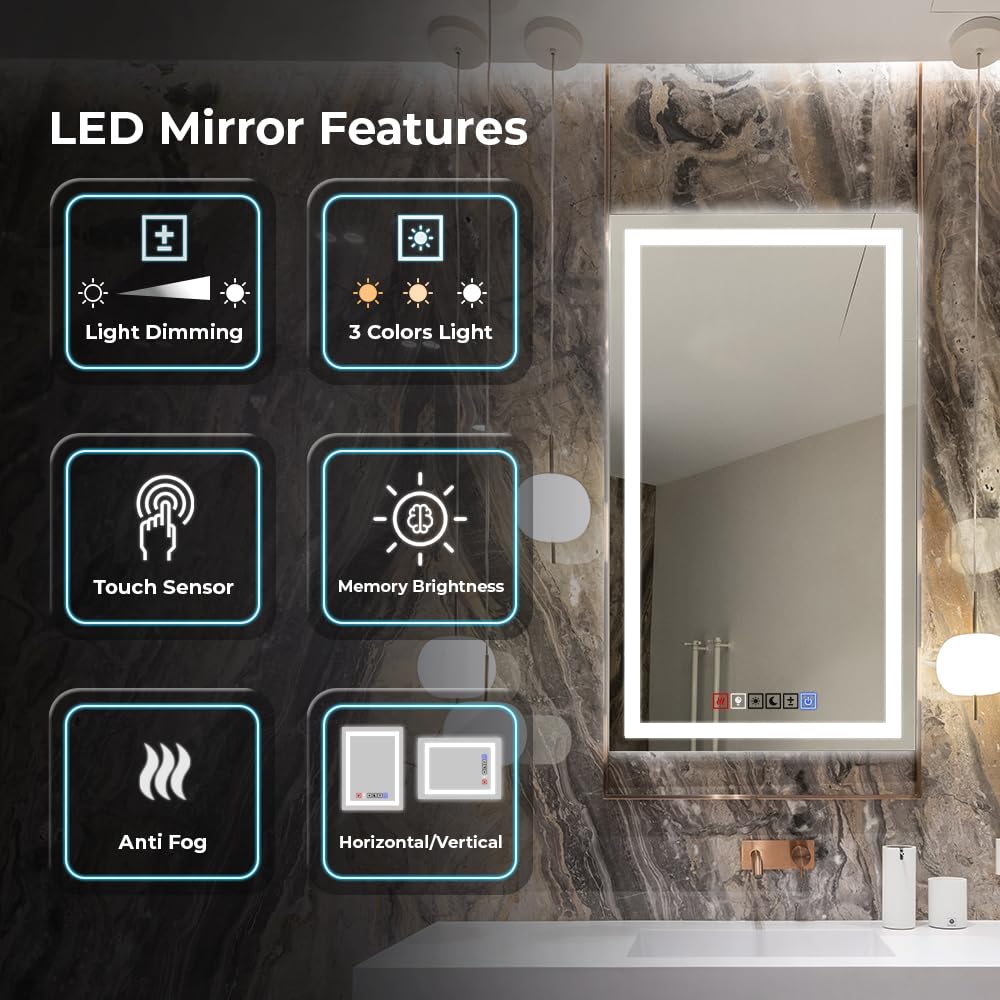 20x30 Inches LED Bathroom Mirror with Anti-Fog & Dimmable Lights - Backlit & Front Lit Vanity Mirror with Tempered Glass & Memory Function - Perfect for Modern Bathrooms, Makeup Vanity & Spa Decor