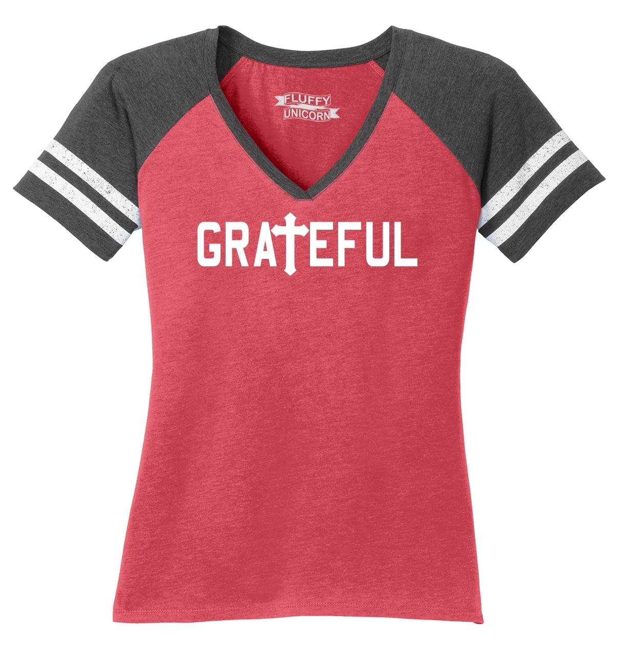 Funny Christian T-Shirt for Women - Grateful Religious V-Neck Tee with Cross & Jesus Design - Perfect for Church, Bible Study & Faith-Based Events