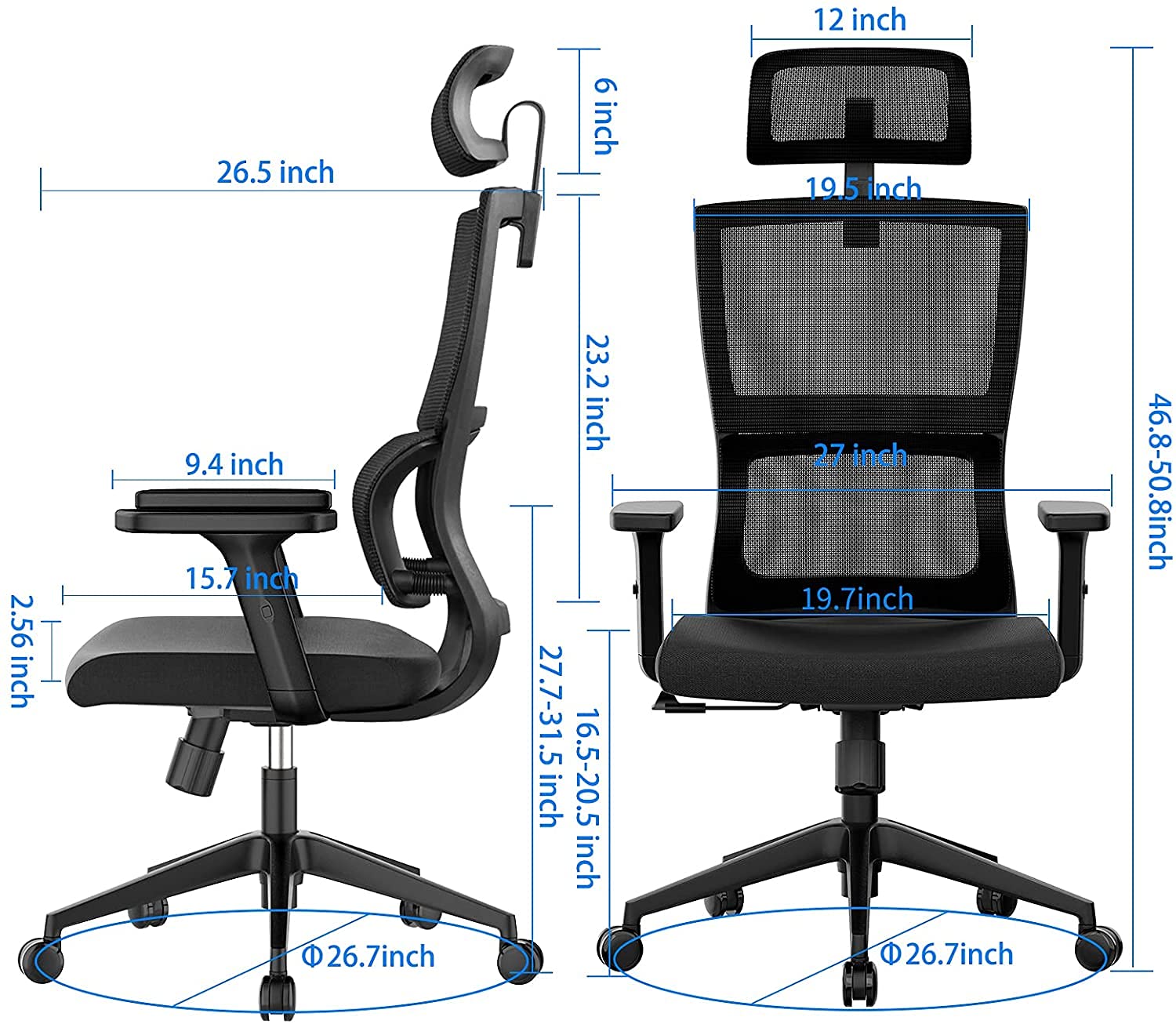 Ergonomic Office Chair with Adjustable Headrest & Lumbar Support - High Back Mesh Computer Desk Chair with Tilt Function & Adjustable Armrests - Perfect for Home Office, Gaming & Workspace Comfort