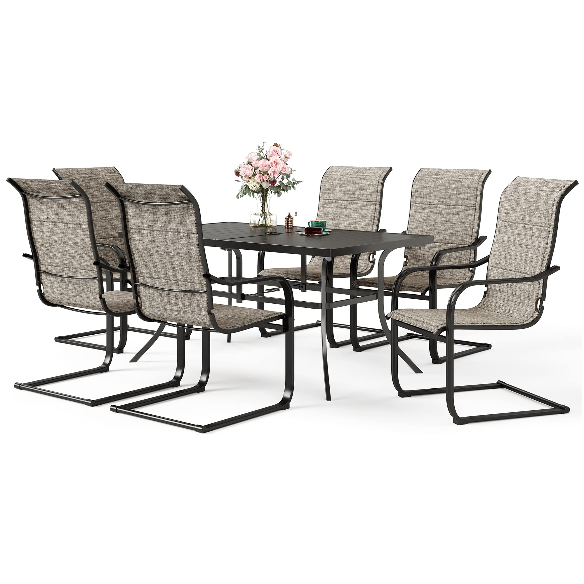 7-Piece Outdoor Patio Dining Set for 6 People - Black Weather-Resistant Table & 6 Textilene C Spring Chairs - Perfect for Backyard, Deck, Garden & Poolside Gatherings