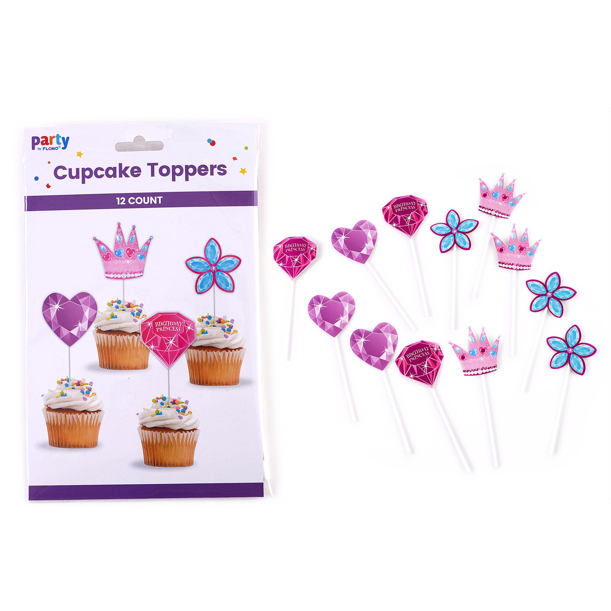 12-Pack Princess Party Cupcake Toppers with Hot Foil Stamping - 4 Assorted Designs for Birthday, Baby Shower & Wedding Celebrations