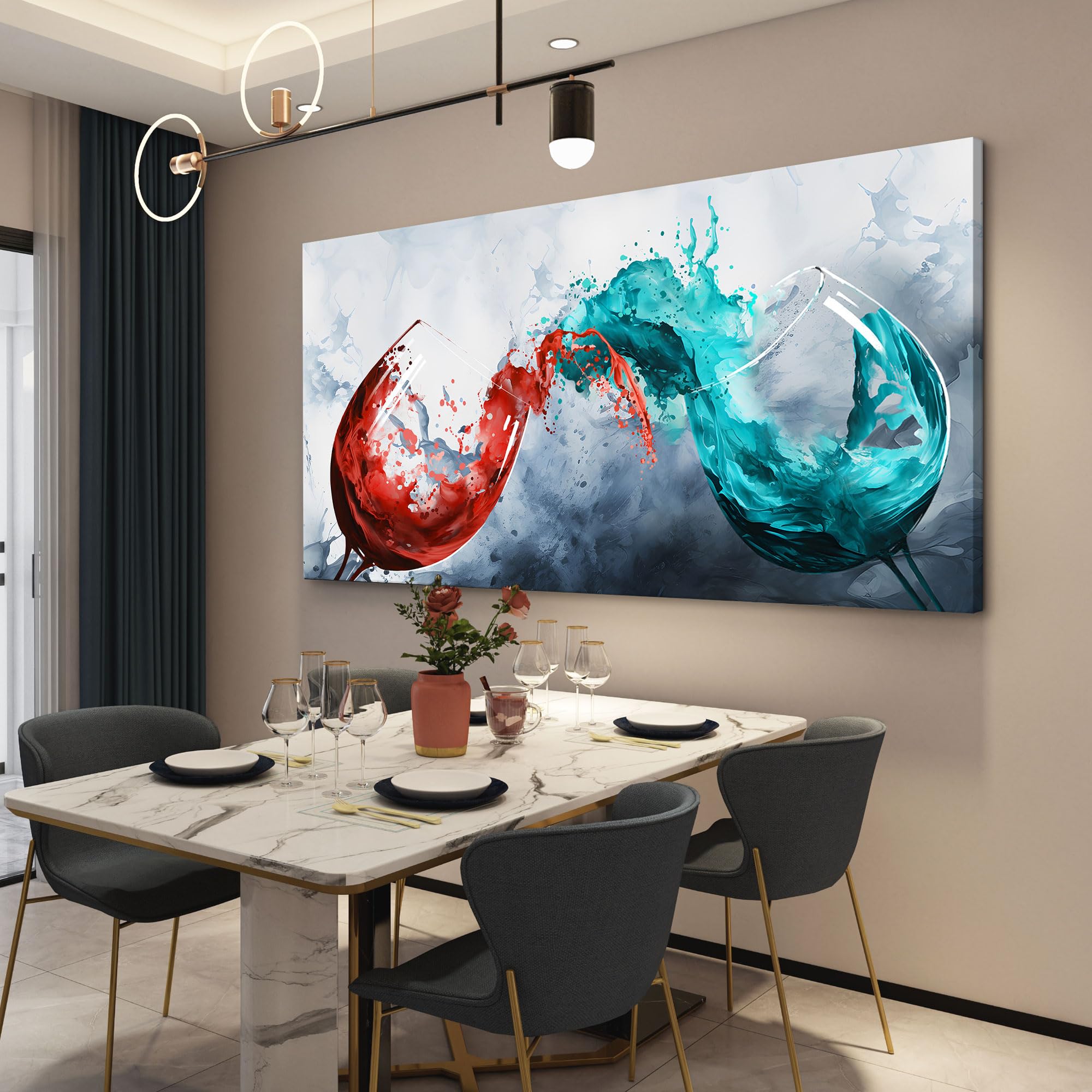 Modern Wine Glass Canvas Wall Art - Blue & Red Wine Cups Painting for Dining Room, Kitchen & Office Decor - 30x60 Inch Contemporary Wall Art - Perfect for Home, Restaurant & Bar Decorations