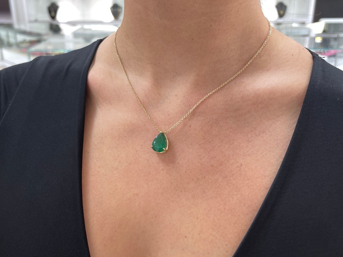 5.74 Carat 14K Gold Natural Emerald Pear Cut Solitaire Pendant Necklace with Three Prong Setting - Elegant Jewelry Gift for Women, Perfect for Weddings, Anniversaries & Special Occasions