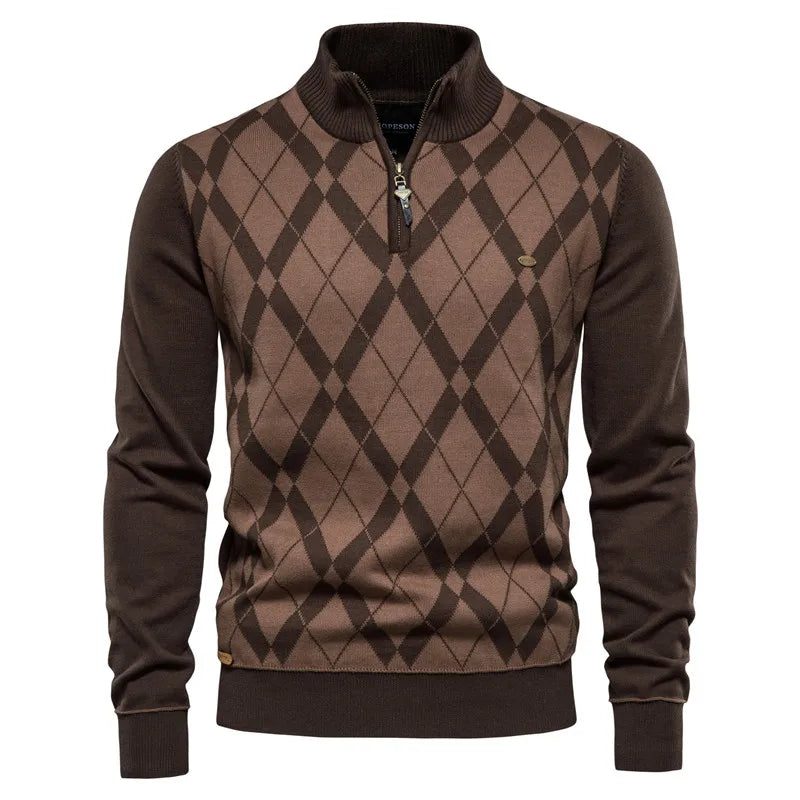 Argyle Men's Cotton Mock Neck Zipper Patchwork Pullover Sweater - Winter Warm Fashion Knitwear for Men | Casual Office Wear & Outdoor Activities