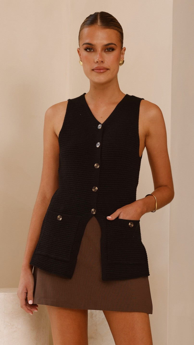 Inari Knit Button Up Vest for Women - Stylish Black Sleeveless Layering Piece for Fall & Winter Outfits