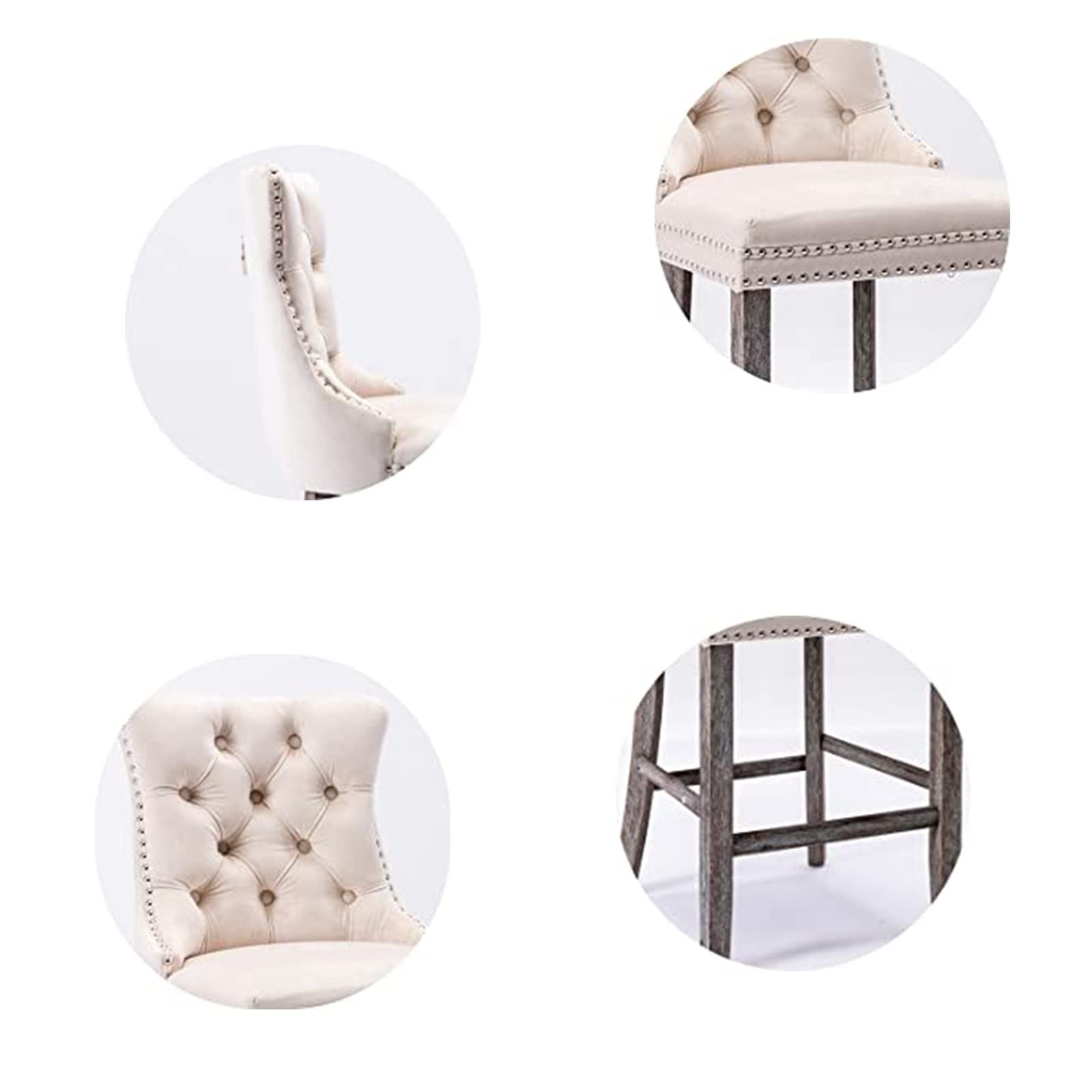 4 Velvet Bar Stools with Studs Trim & Wooden Legs - Tufted Dining Chairs for Kitchen Counter, Breakfast Nook & Home Bar - Comfortable Seating for Entertaining