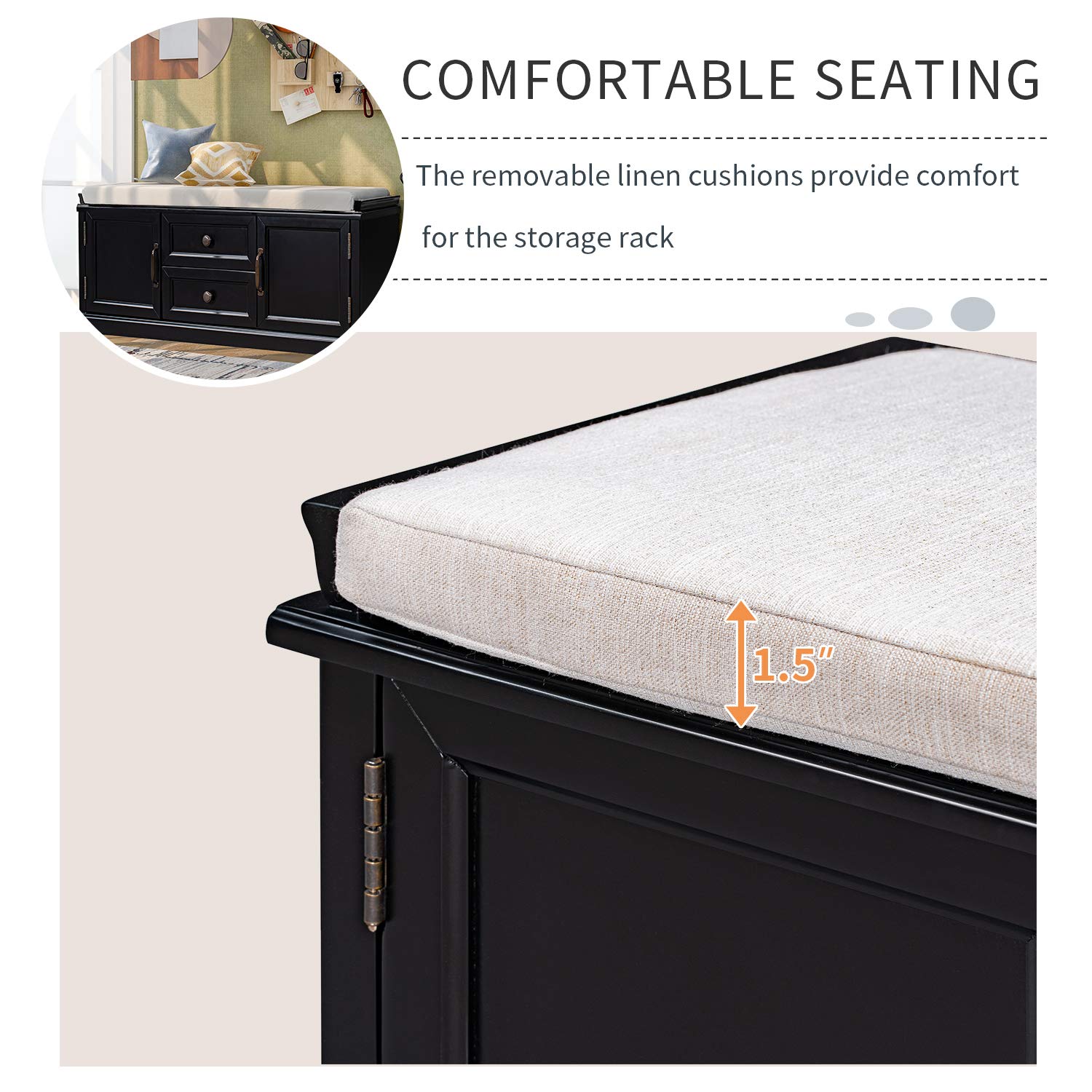 Solid Wood Entryway Bench with Storage - 2 Drawers & 2 Cabinets, Removable Cushion - No Assembly Required - Perfect for Hallway, Living Room, Bedroom - Black (Set of 2) - Ideal for Small Space Organization & Entryway Seating