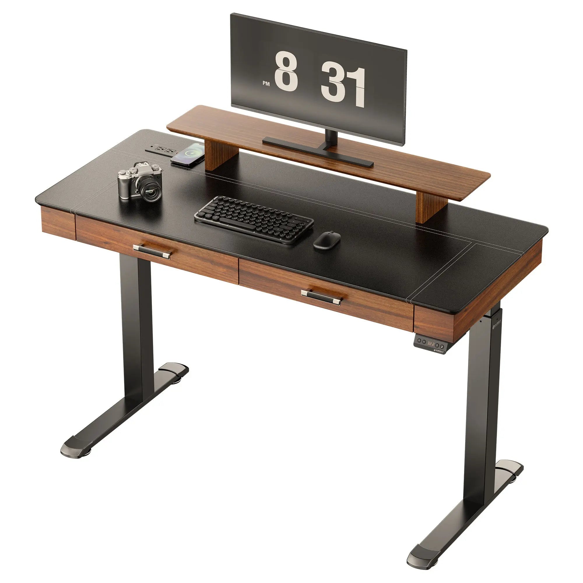 Premium Faux Saddle Leather Adjustable Height Standing Desk 55x23 Inches - Ergonomic Home Office Workstation for Remote Work & Study