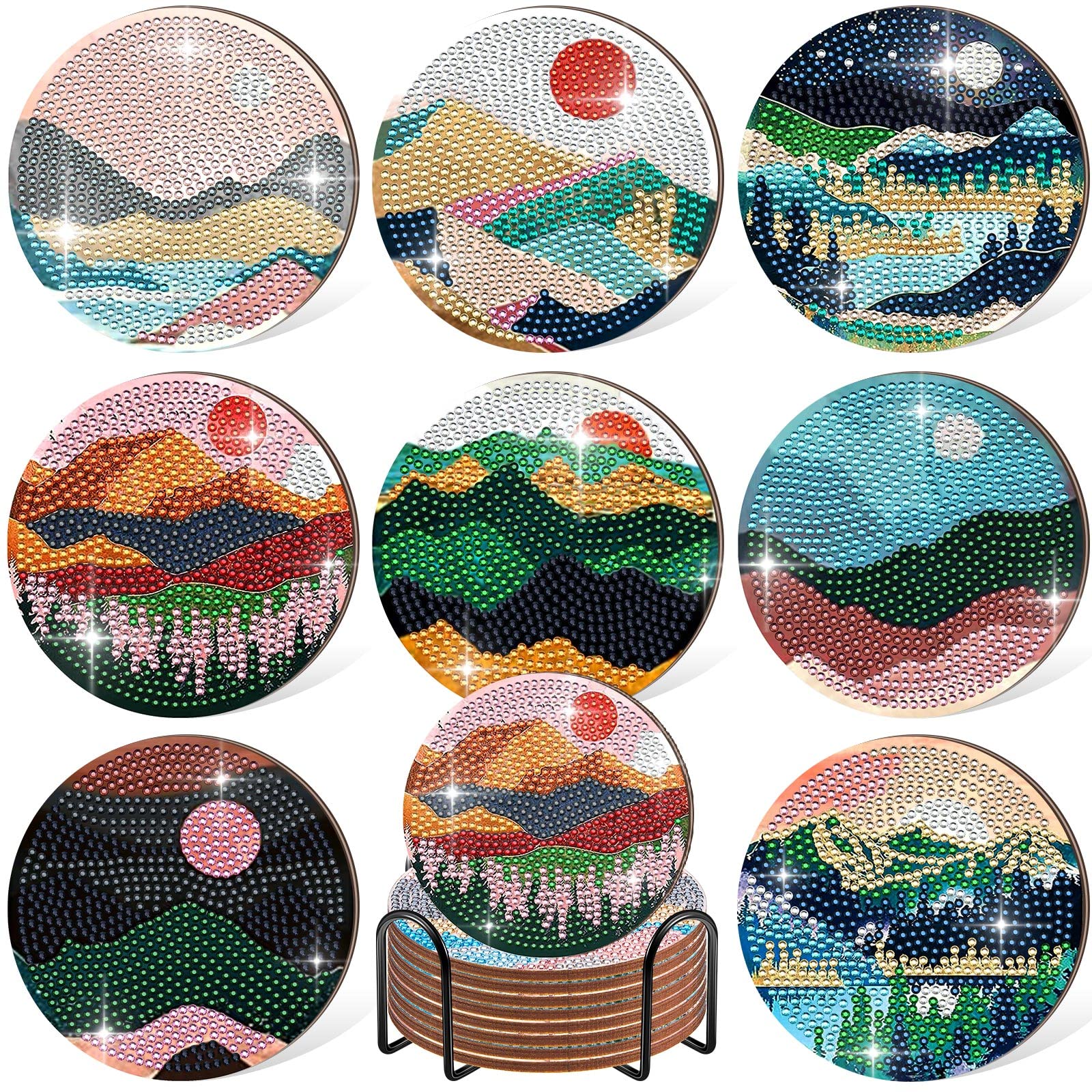 8 Pcs DIY 5D Diamond Painting Coasters Kit - Landscape Design Shining Drink Coasters with Holder, Arts and Crafts for Adults Beginners, Perfect for Party Decor, Birthday Gifts & Home Tableware Protection