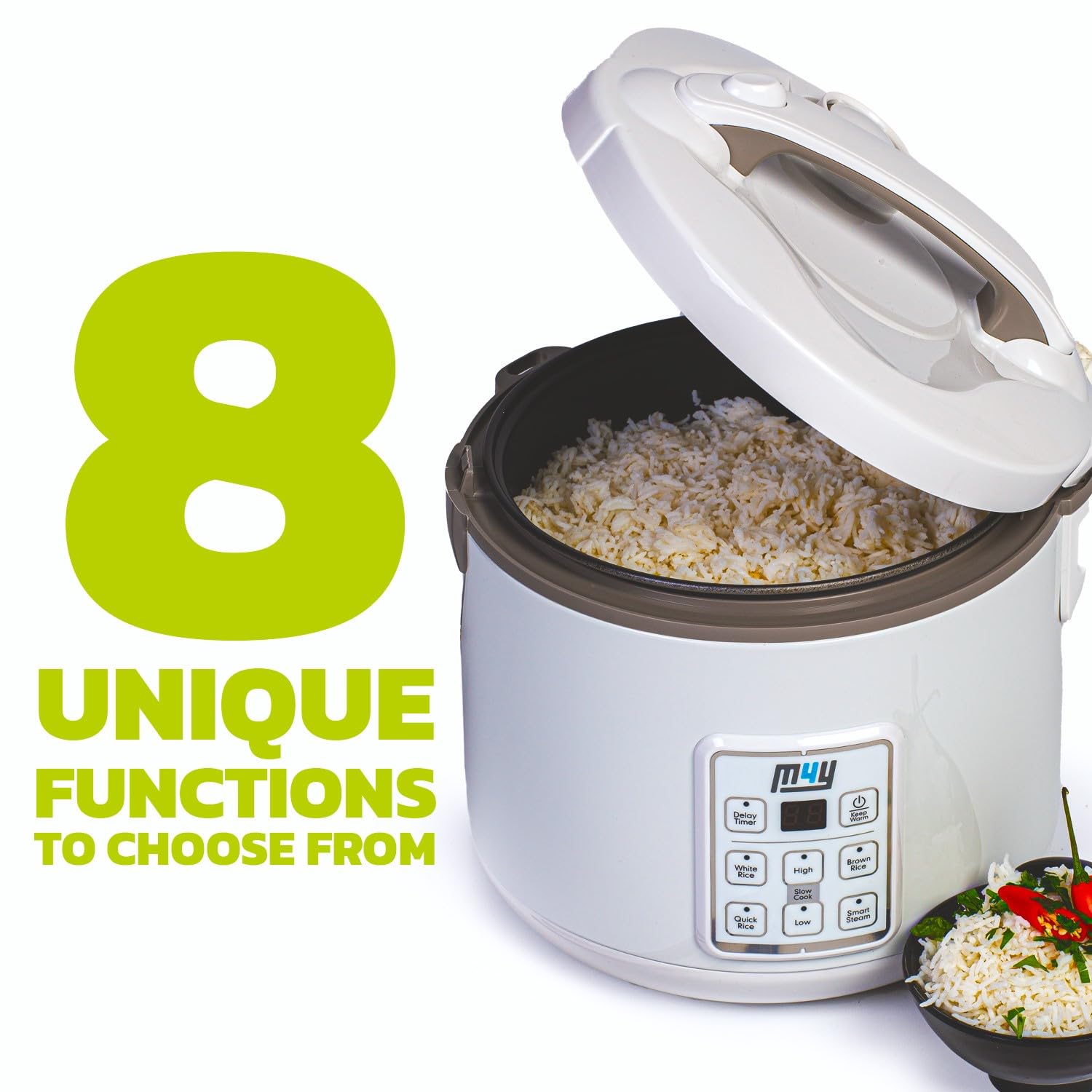 M4Y 1.2L Multi-Functional Rice Cooker with Slow Cooker & Steamer - 6-Cup Capacity for 1-6 People | Keep Warm, Delay Timer, Premium Non-Stick Inner Pot | Includes Spatula & Measuring Cup | Perfect for Rice, Soups, Stews & Meal Prep | Quick & Easy Cooking for Families, Dorms & Small Kitchens