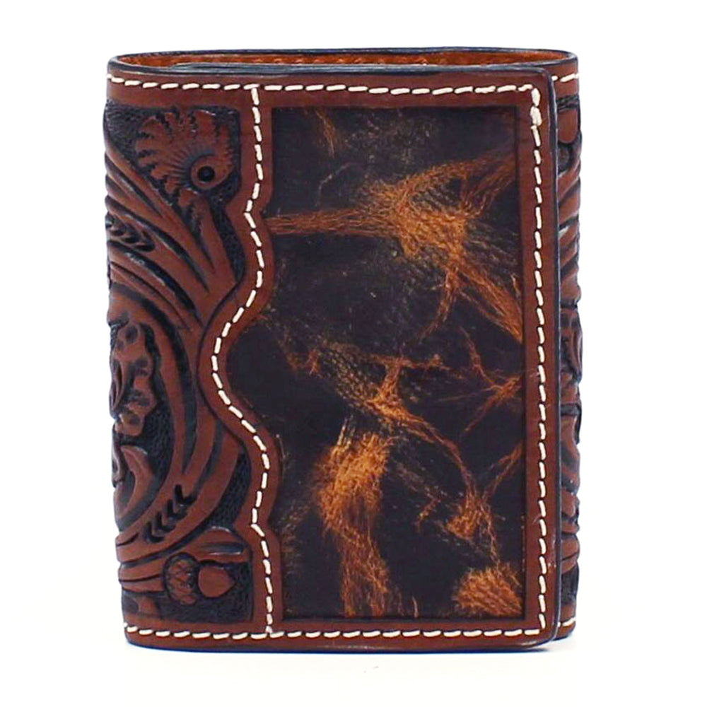 Handcrafted 3D Western Men's Leather Wallet - Genuine Tooled Floral Design, Brown Trifold for Cash & Cards | Perfect Cowboy Gift, Rodeo Accessories, Country Style Fashion