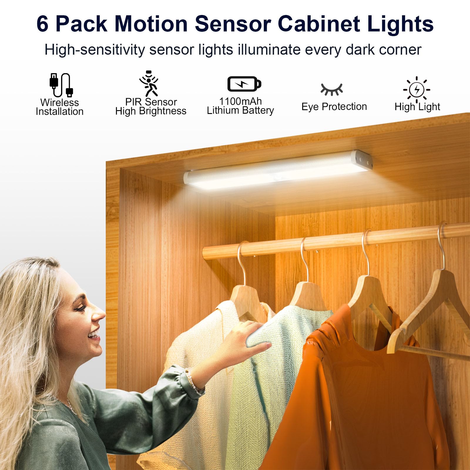 Diomart Rechargeable Under Cabinet Lights with Motion Sensor - 58 LED Wireless Night Lights for Kitchen, Wardrobe, Hallway & Stairs - Remote Control Included (6 Pack) - Perfect for Dark Spaces, Closets & Home Safety Lighting