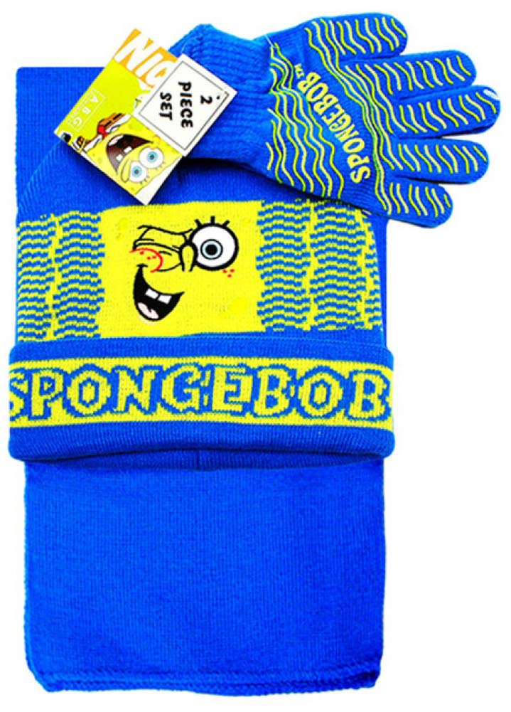 Spongebob Squarepants Winter Scarf Beanie Gloves Set - Blue Cartoon Character Knit Accessories for Kids & Adults - Perfect for Cold Weather, Christmas Gifts & Cosplay