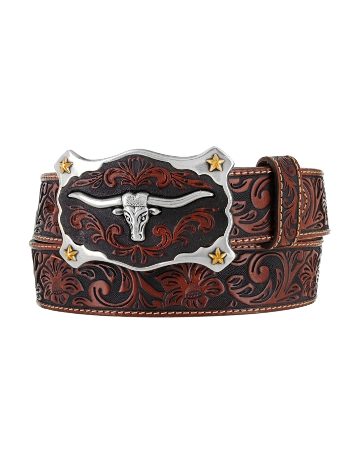 Justin C11194 Men's Classic Longhorn Leather Belt - Genuine Leather Western Belt for Men - Brown Cowhide Dress Belt - Perfect for Casual, Office & Western Wear