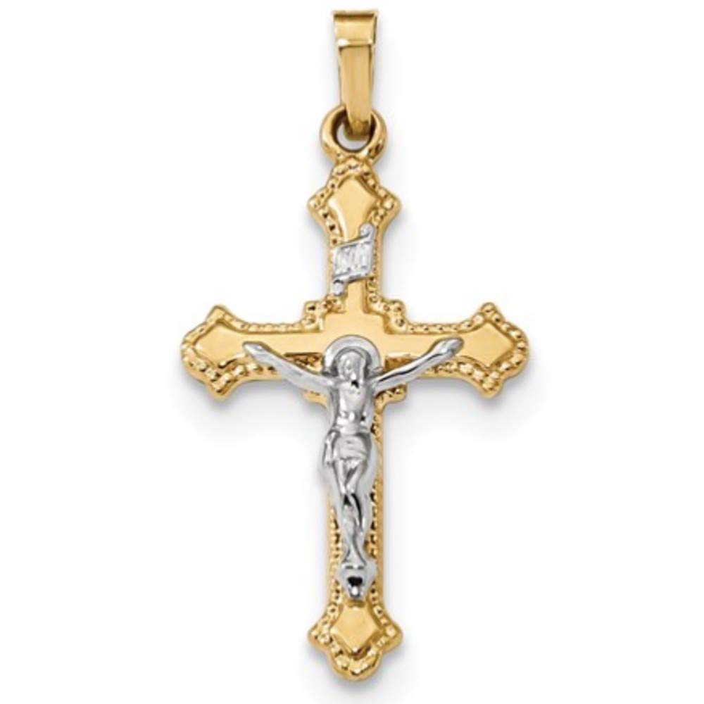 14K Two-Tone Yellow Gold & White Gold INRI Crucifix Pendant Necklace - Polished Cross with Budded Edges - Religious Jewelry Gift for Women & Men - Perfect for Baptism, First Communion, Confirmation & Daily Wear