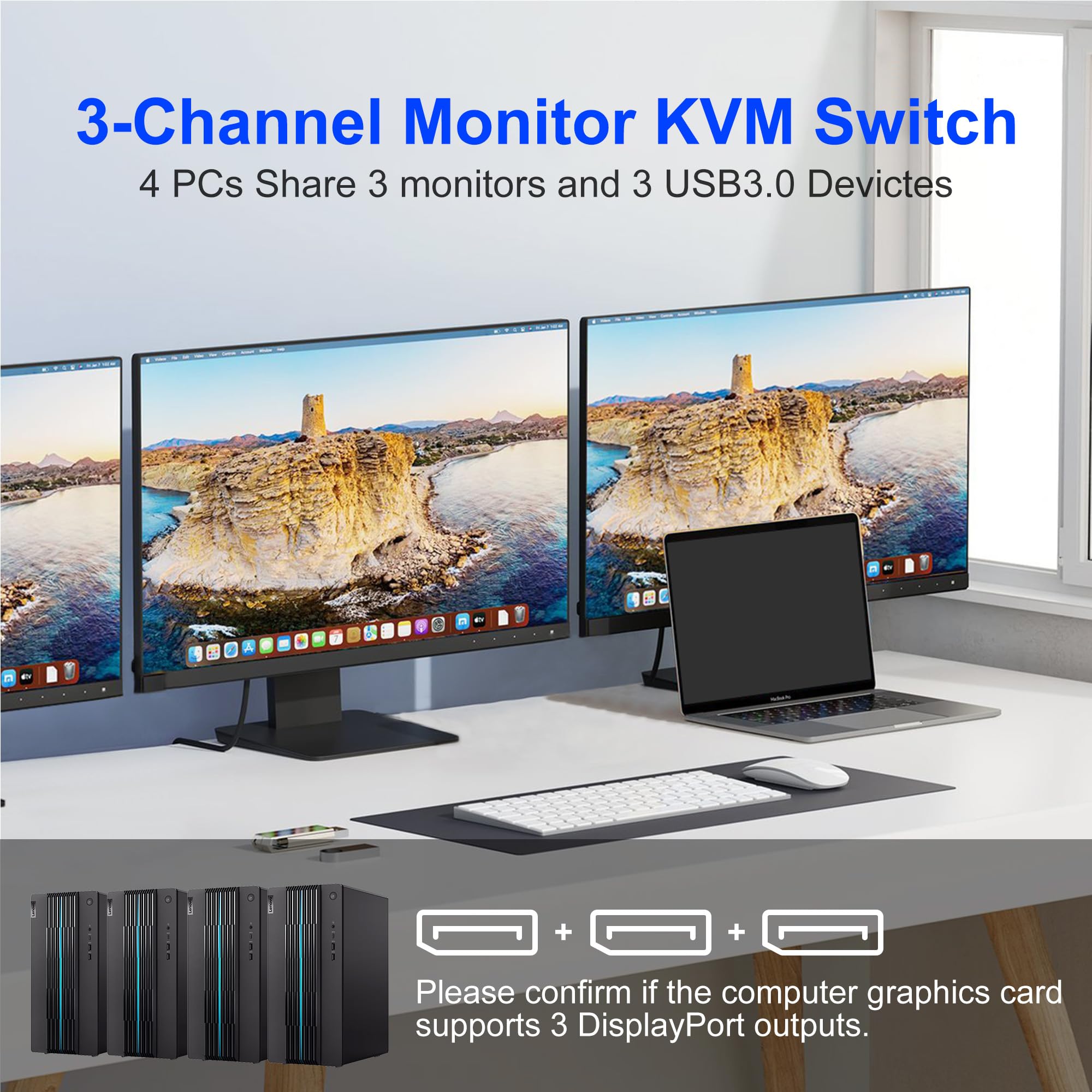 8K @ 60Hz 4K @ 144Hz Triple DisplayPort KVM Switch for 4 Computers & 3 Monitors - USB 3.0 Hub with Audio/Mic Support - Perfect for Multi-PC Gaming, Trading & Office Workstations