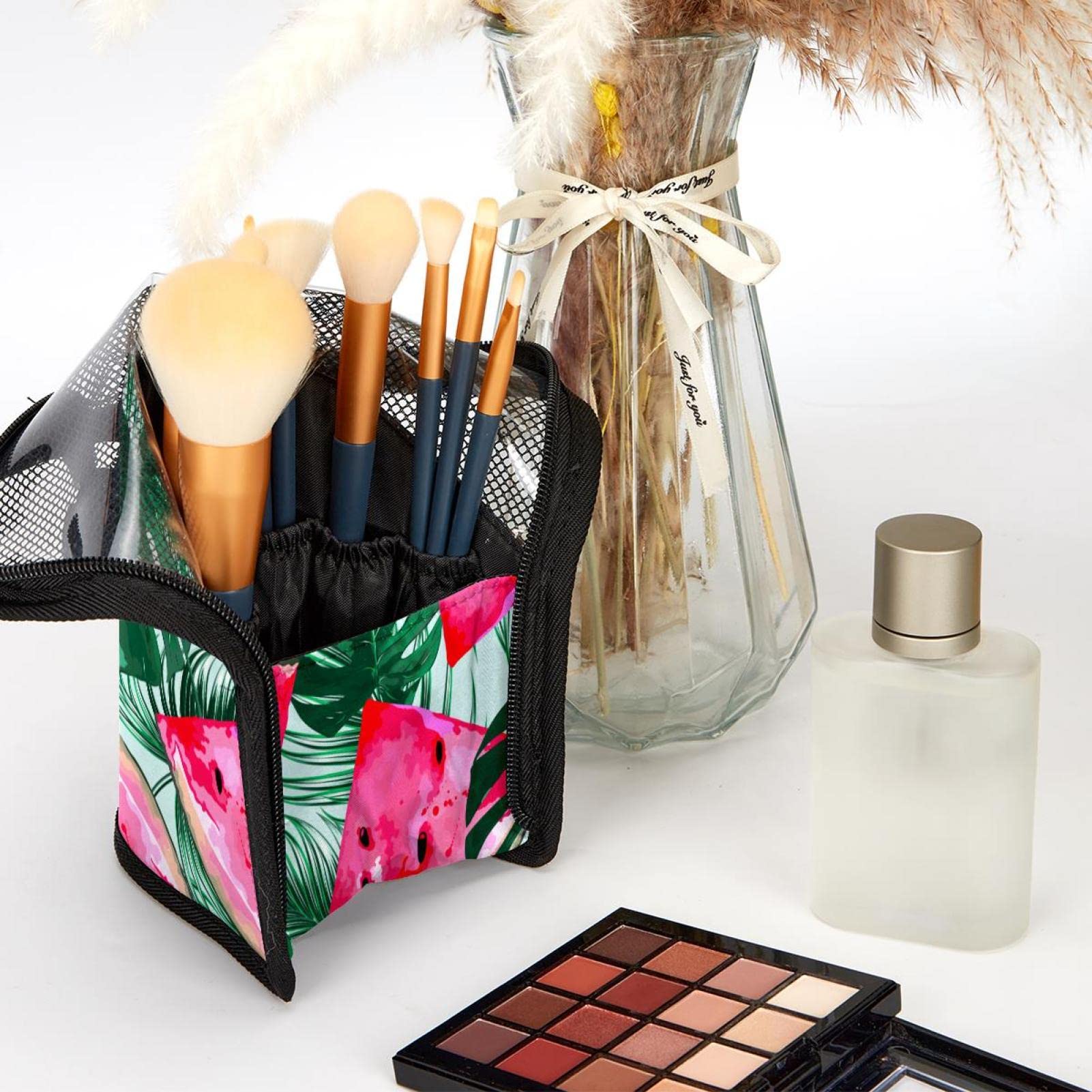 12-Piece Makeup Brush Organizer Bag with Watermelon Tropical Leaf Design - Portable Cosmetic Brush Holder Case for Travel & Home Storage | Perfect for Makeup Artists & Beauty Enthusiasts