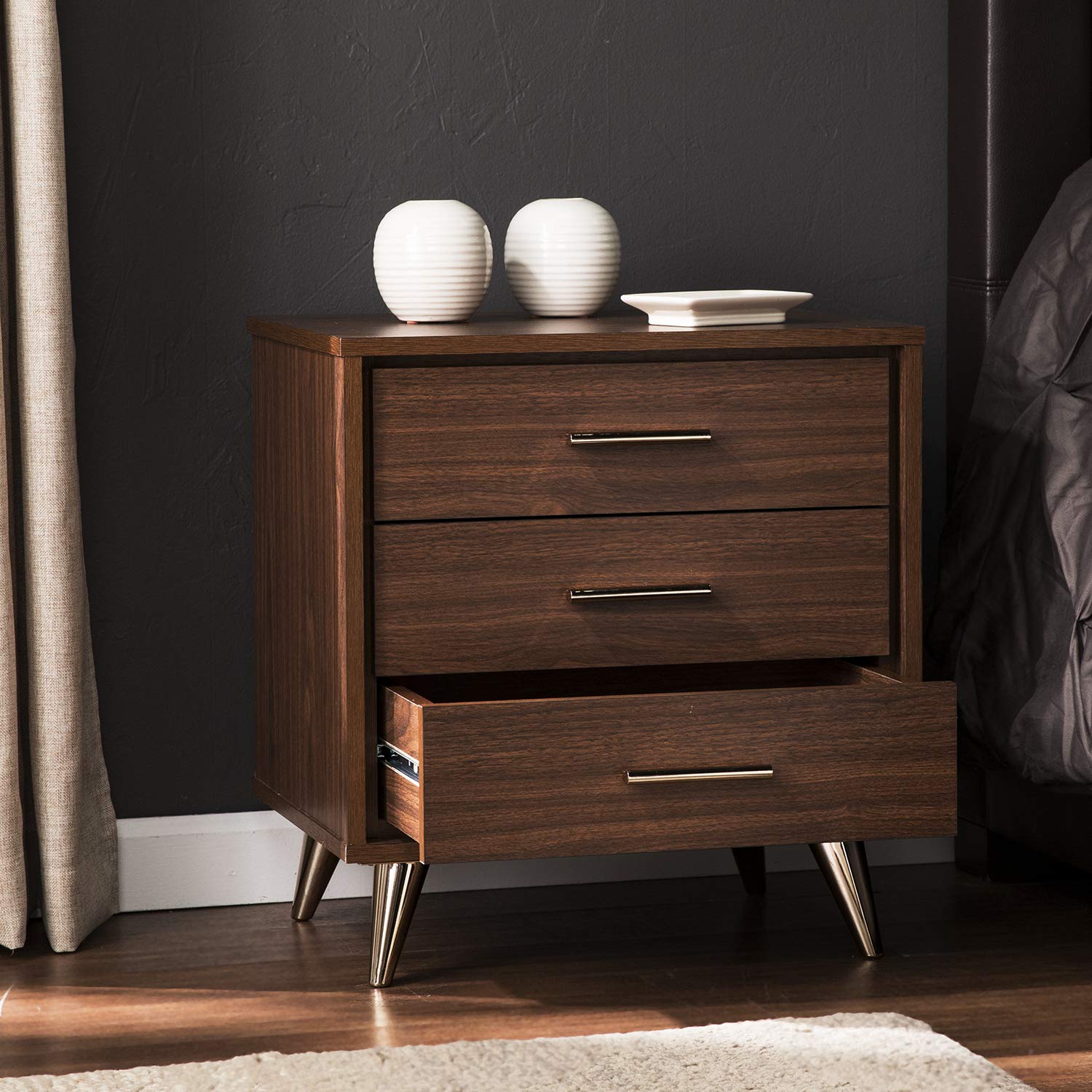 SEI Furniture Oren Bedside Table with Drawers - Brown Wood Nightstand for Bedroom, Living Room, or Office - Compact Storage End Table with Drawer Space