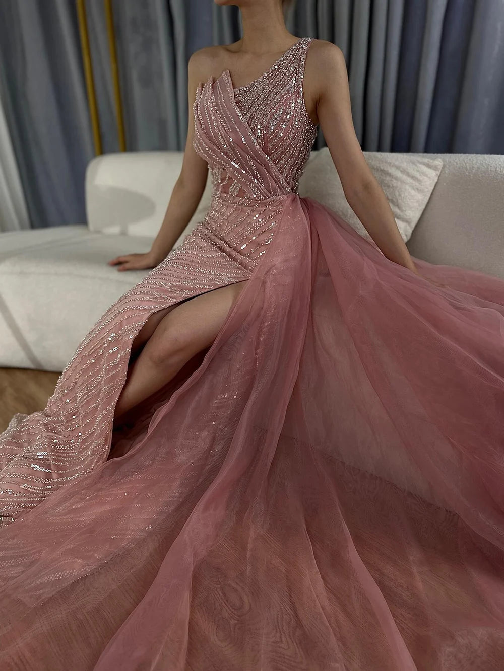Luxury Dubai Blue One Shoulder Split Saudi Evening Gown with Beaded Side Overskirt Dress - Formal Gown for Weddings, Galas & Special Occasions | LA72732