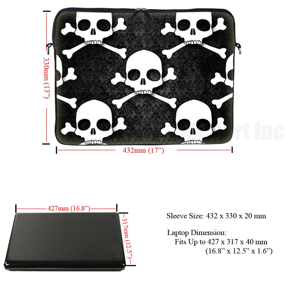 Meffort 17-17.3 Inch Neoprene Laptop Sleeve with Hidden Handle & Adjustable Shoulder Strap - Skull Design Protective Case for MacBook, Dell, HP - Perfect for School, Office & Travel
