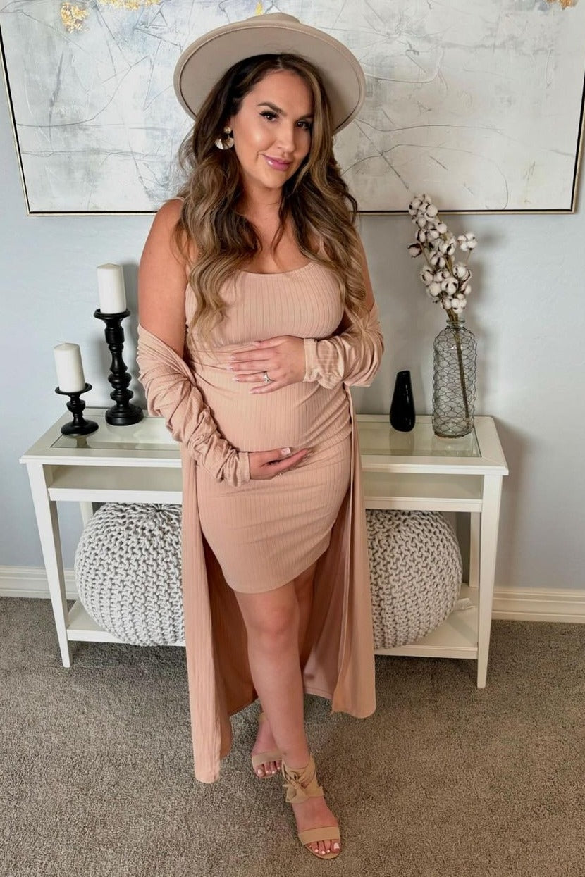 Beige Ribbed Cardigan 2 Piece Maternity Set - Soft Knit Sweater & Top for Pregnant Women | Perfect for Pregnancy Photos, Baby Showers & Casual Wear
