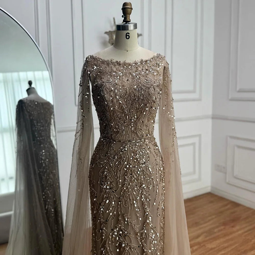 Elegant Beaded Caramel Evening Gown with Cape Sleeves - LA73078 | Perfect for Formal Events, Galas & Red Carpet Occasions