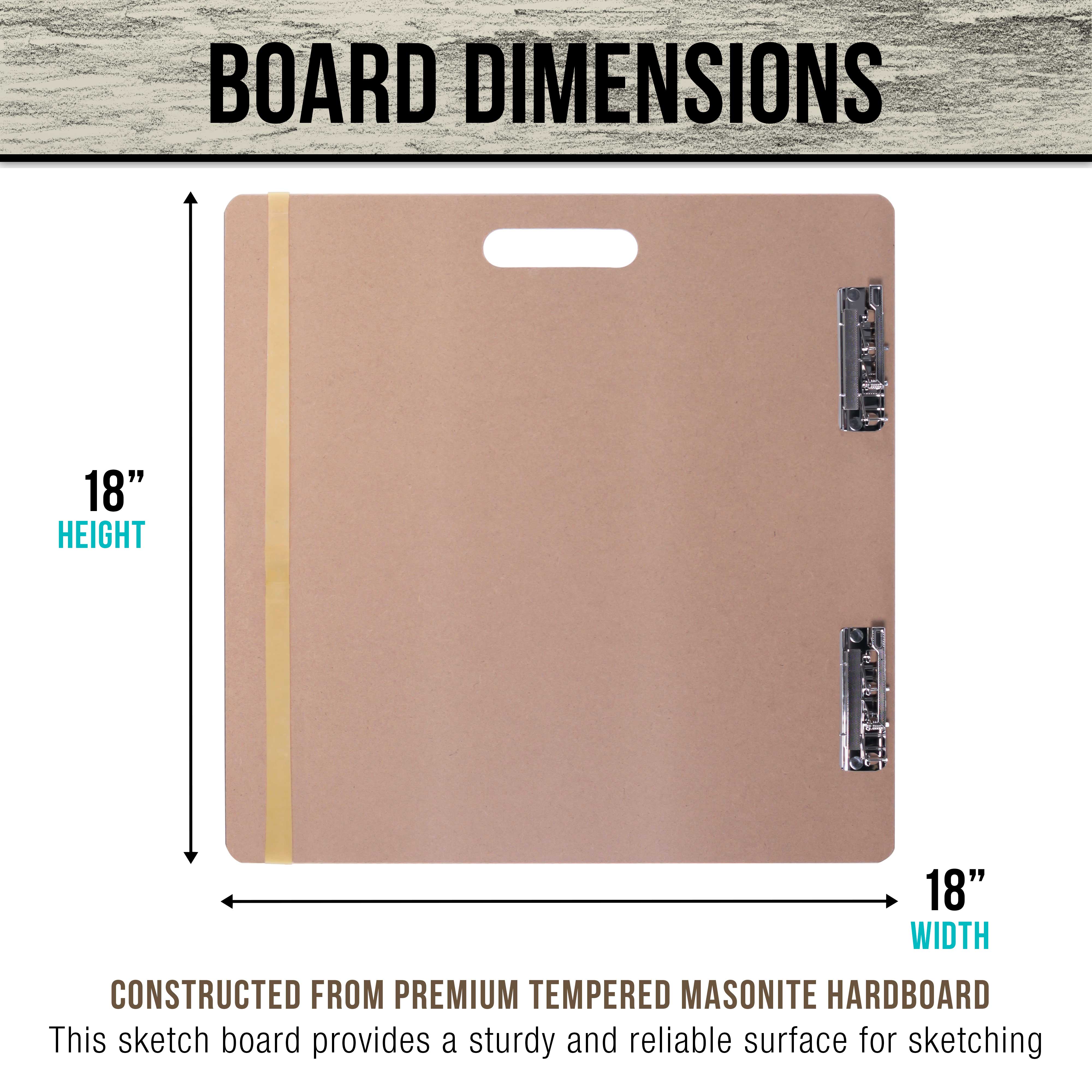 18x18 Lightweight Artist Sketch Tote Board - Hardboard Drawing Board with Handle, Clip & Rubber Band for Sketching, Painting & Studio Work | Perfect for Art Students, Travel & Outdoor Drawing