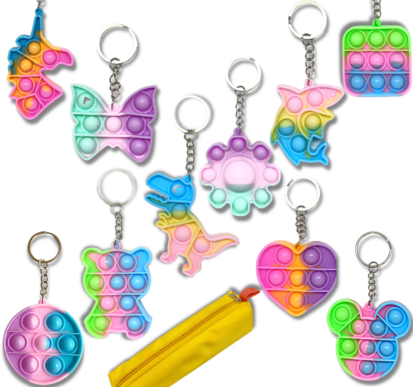 BigBro Pop It Keychain Fidget Toy - 10pc Mix Designs with 1 Pencil Pouch - Silicone Stress Relief Push Bubble Popper for Kids, Boys, Girls & Adults - Perfect for Birthday Gifts, Classroom Rewards & Anxiety Relief
