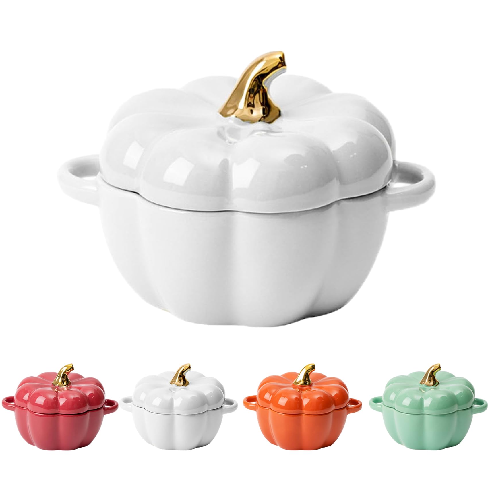 Pumpkin Shaped Ceramic Cooking Pot with Lid - Cute Double Ear Baking Bowl for Oven, Soup & Stew - Perfect for Fall Baking, Thanksgiving Dinner & Halloween Decor (White)